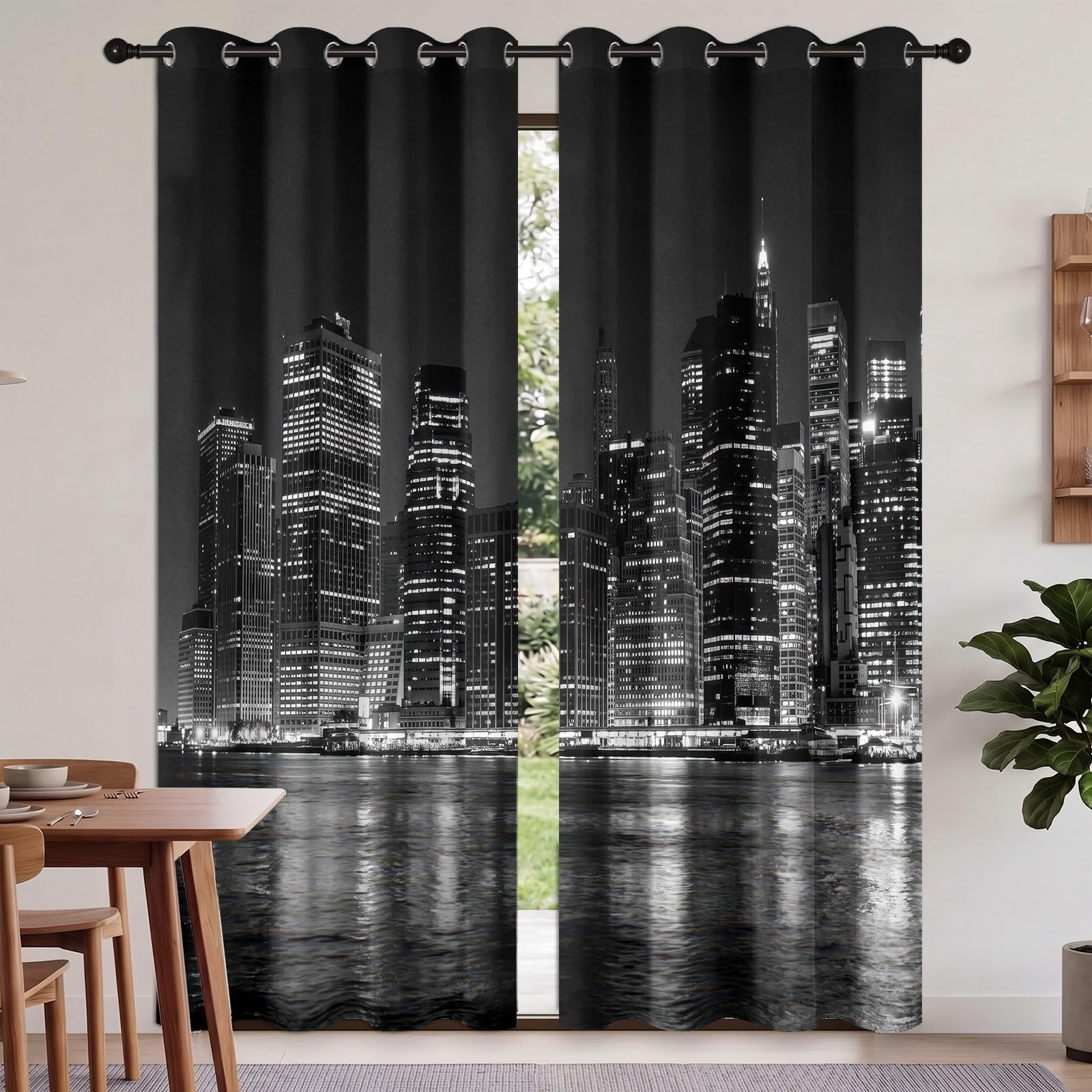 Generisch Modern Urban Verdunkelungsvorhänge, H200 x B70 cm Manhattan-Skyline Wolkenkratzer Fluss Vorhänge mit Ösen 2er Set für Schlafzimmer, Schwarz Raumverdunkelung Fenstervorhänge für Wohnzimmer
