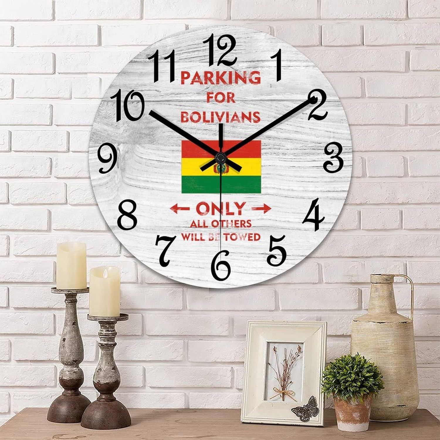 Parking for Bolivians Only All Others Will Be Towed Round Wall Clock Bolivia National Flag Clock Wall Art Wood Clock Silent Non-Ticking Decorative Wall Clock for Living Room Bedroom Kitchen 12"