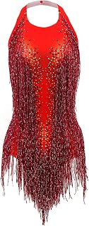 Red Rhinestone Bodysuit Women Sexy Drag Queen Outfit Backless Sleeveless Halter Latin Jazz Dance Leotard with Fringe