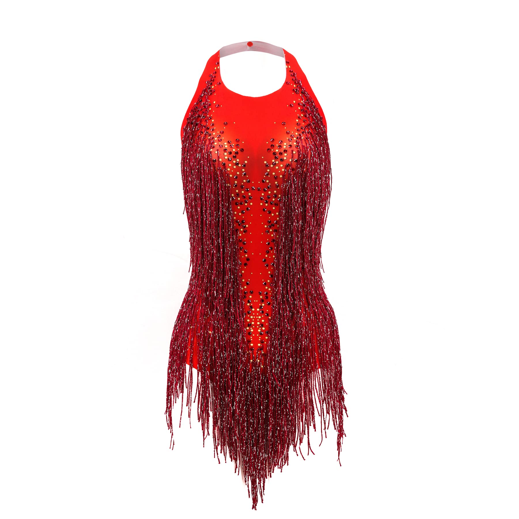 YUANTONG Red Rhinestone Bodysuit Women Sexy Drag Queen Outfit Backless Sleeveless Halter Latin Jazz Dance Leotard with Fringe, Red, One Size