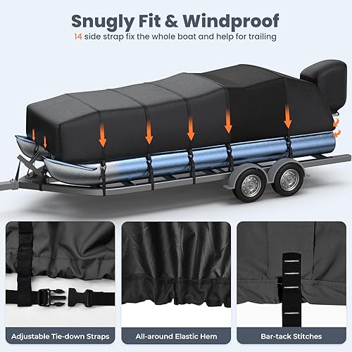 Vista 31 de RVMasking Cubierta para barco pontón con cubierta de motor, 1400D resistente reforzada, cubierta impermeable de grado marino para lancha de Azul