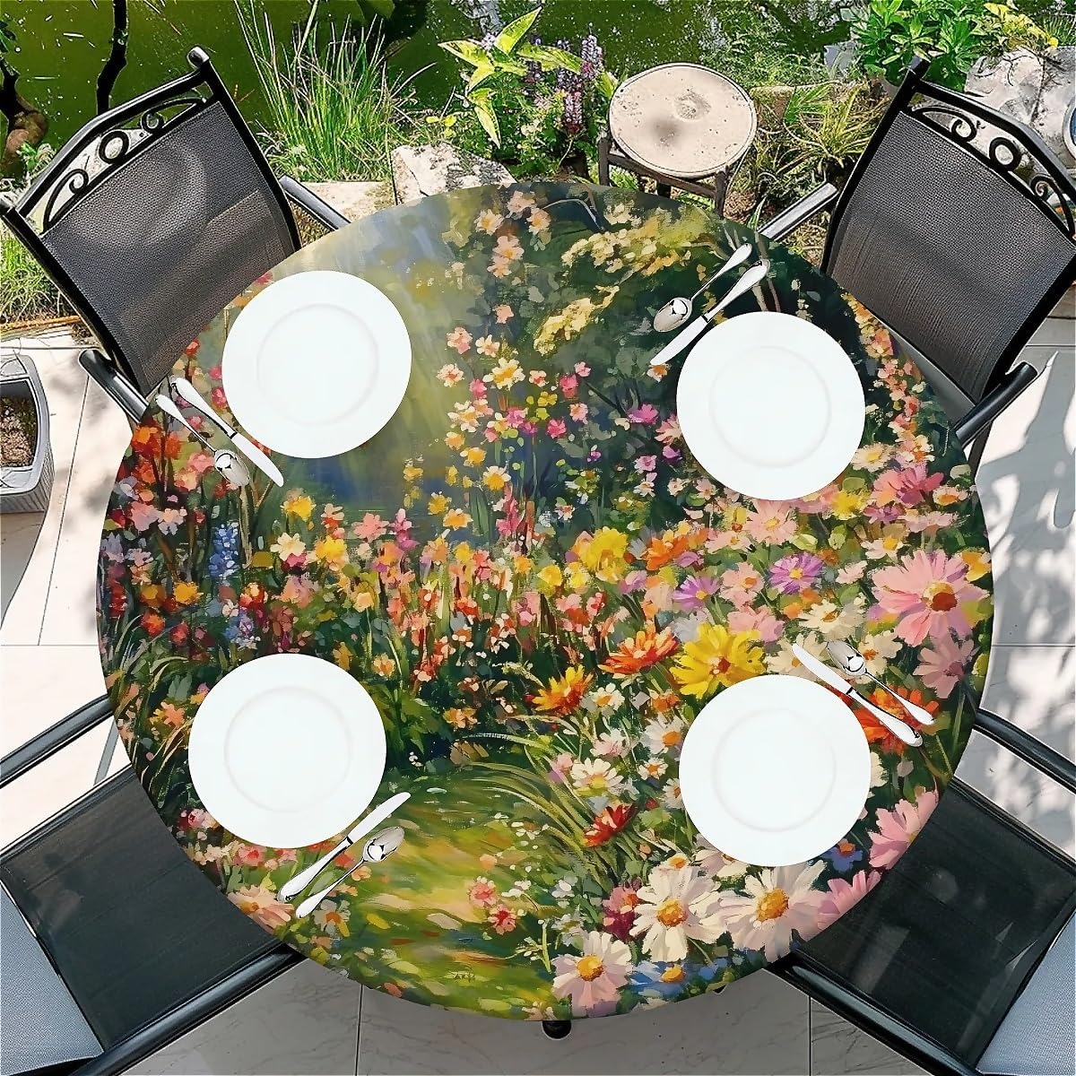 Round Fitted Tablecloth with Elastic Edge, 36"-60" Waterproof Stain Resistant Table Cover for Indoor, Outdoor, Picnic, Dining, Camping, Party, Holiday, 52inch, Sunlit Floral