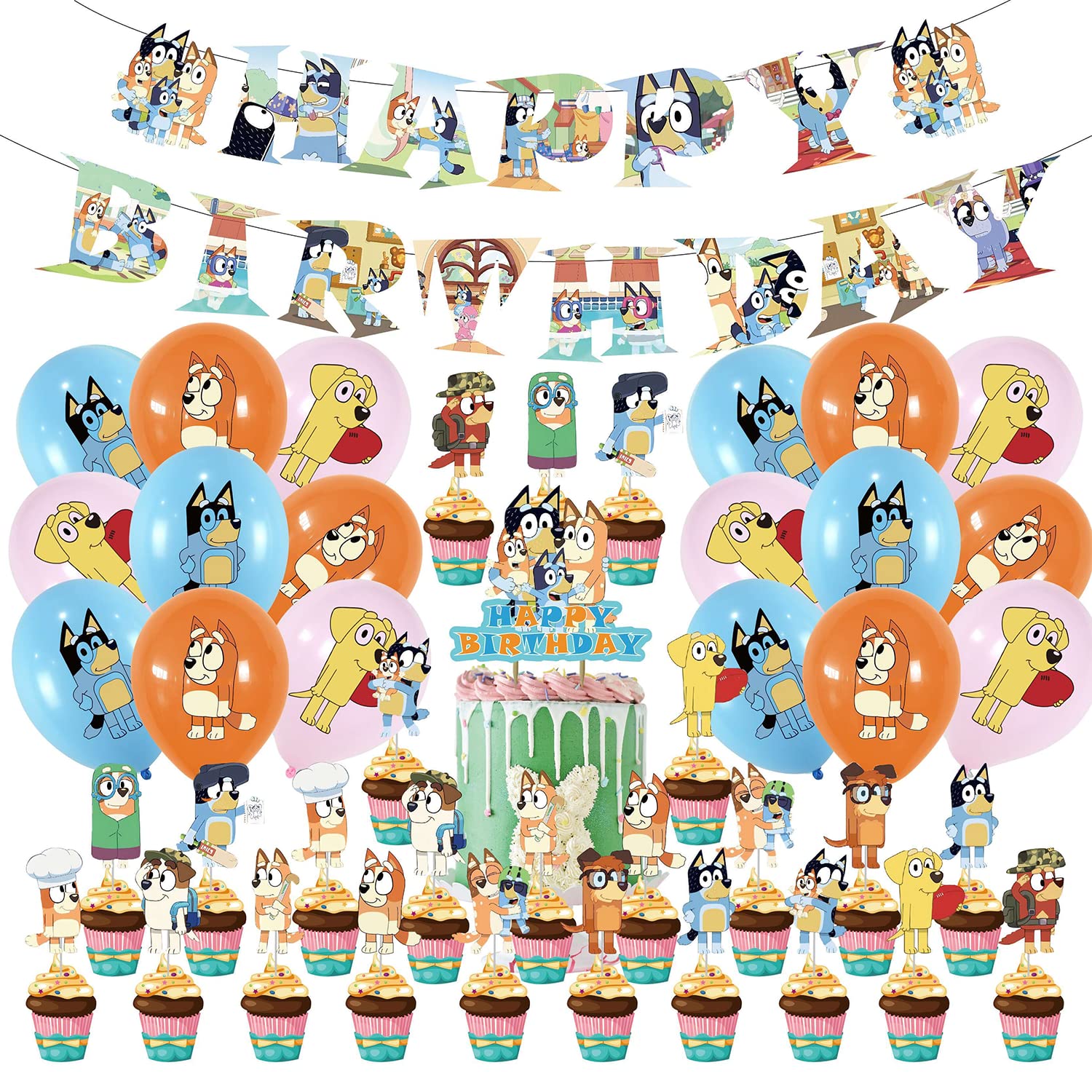 YANLI 44 pcs Bluey Dog Birthday Party Supplies,Puppy Dog Decorations include Banner,Cake Topper, Balloons for Kids Baby Shower Birthday Party Supplies (Party Set)