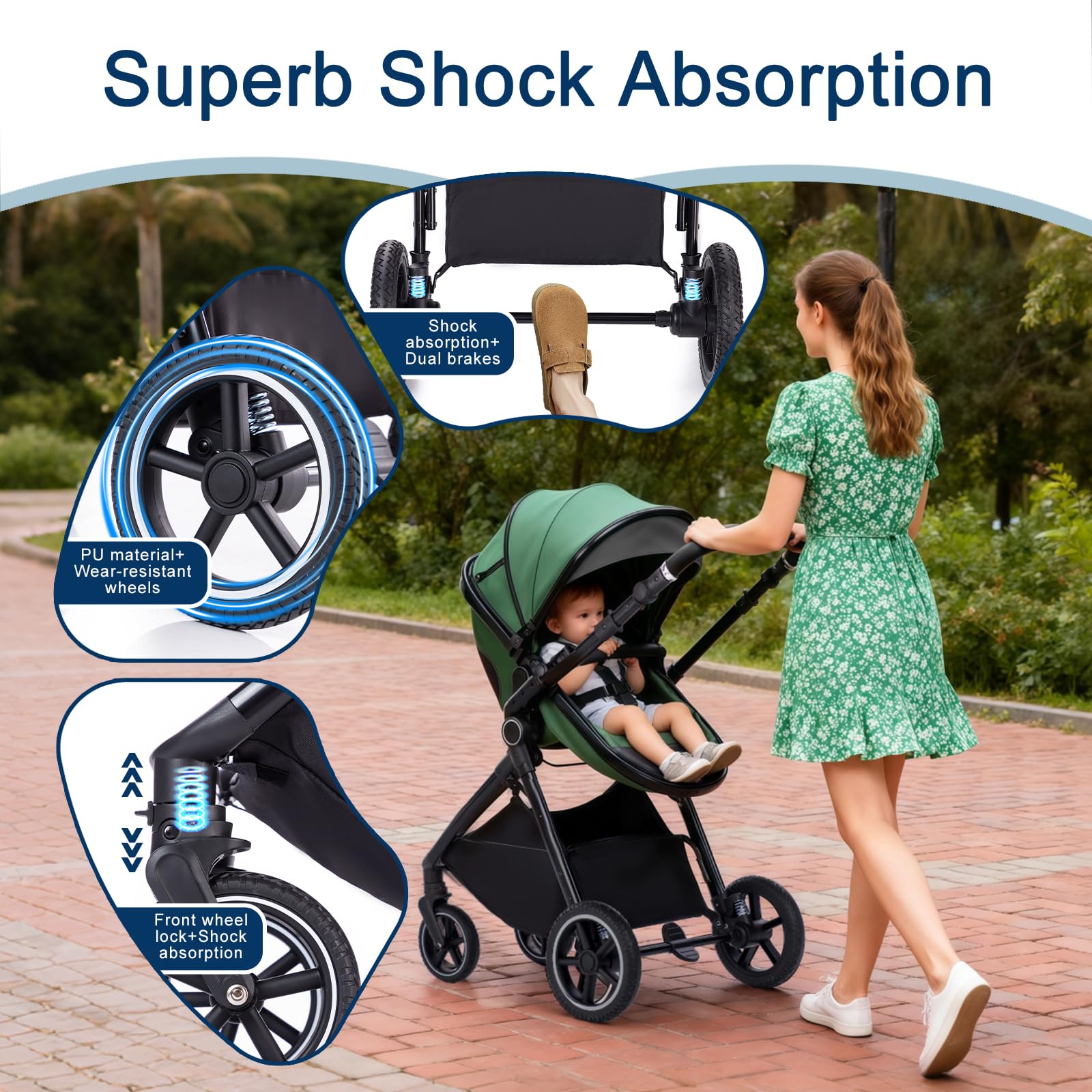 Poussette 3 en 1 avec Nacelle, Poussette de Voyage's Nacelle est Pliable, Trio Poignée est Réglable, les Roues sont en Matériau PU, pour Enfant de la Naissance à 3 Ans-Kaki-Beige