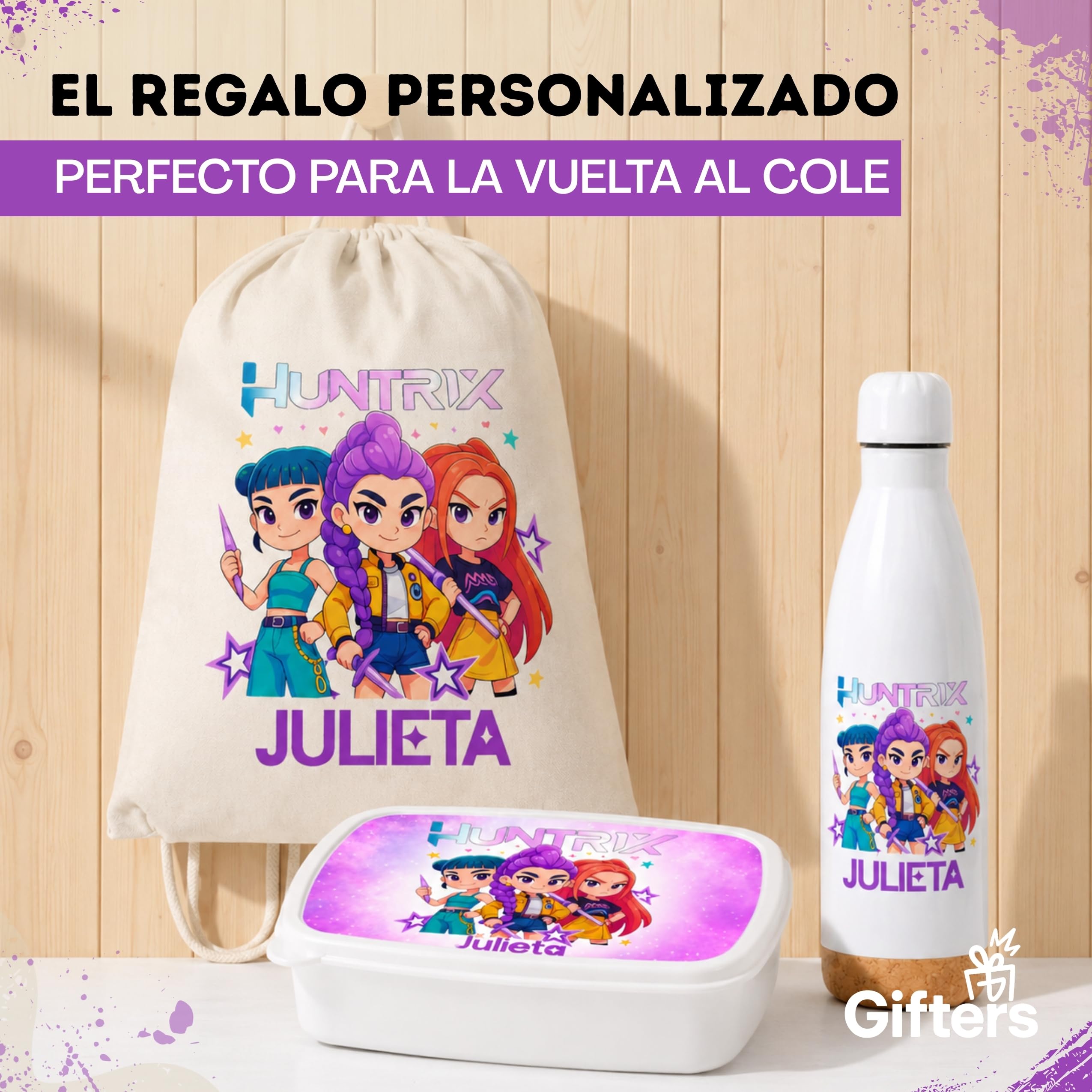 Gifters | Pack Mochila Cuerdas, Táper y Botella Personalizados con Nombre | Bolsa Tela 34 x 42 cm + Fiambrera + Botella Acero Inoxidable 750 ml | Guardería, Colegio, Excursiones y Educación Infantil