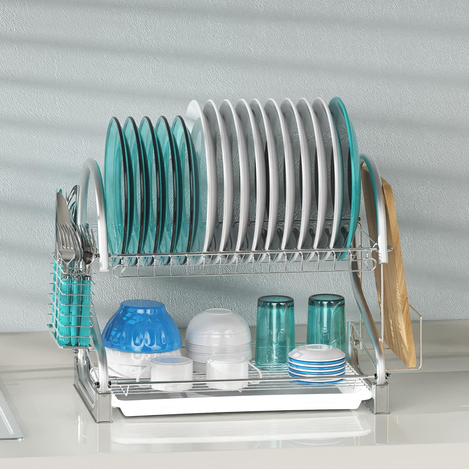 Veckle Dish Drying Rack, 2 Tier Dish Rack with Removable Drain Board Dish Drainer Utensil Holder, Cutting Board Holder for Kitchen Countertop, Silver