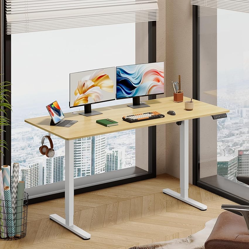 DEVAISE Scrivania Regolabile in Altezza Elettrica 160x70 cm, Scrivania Ufficio Ergonomica con Piano a 2 Sezioni, Funzione Memoria e Sistema Anticollisione, Altezza 72-118 cm,Rovere
