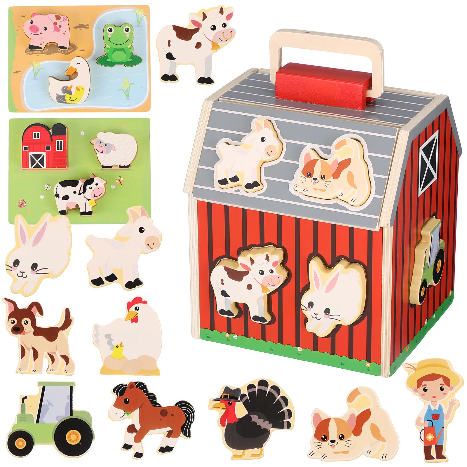 TOYANDONA 1 Set di Giocattoli di Animali da Fattoria con Fienile: Figure di Animali da Fattoria Montessori in Legno con Forma di Fienile, Giocattolo Educativo Portatile per Bambini Dai 3 Anni in su