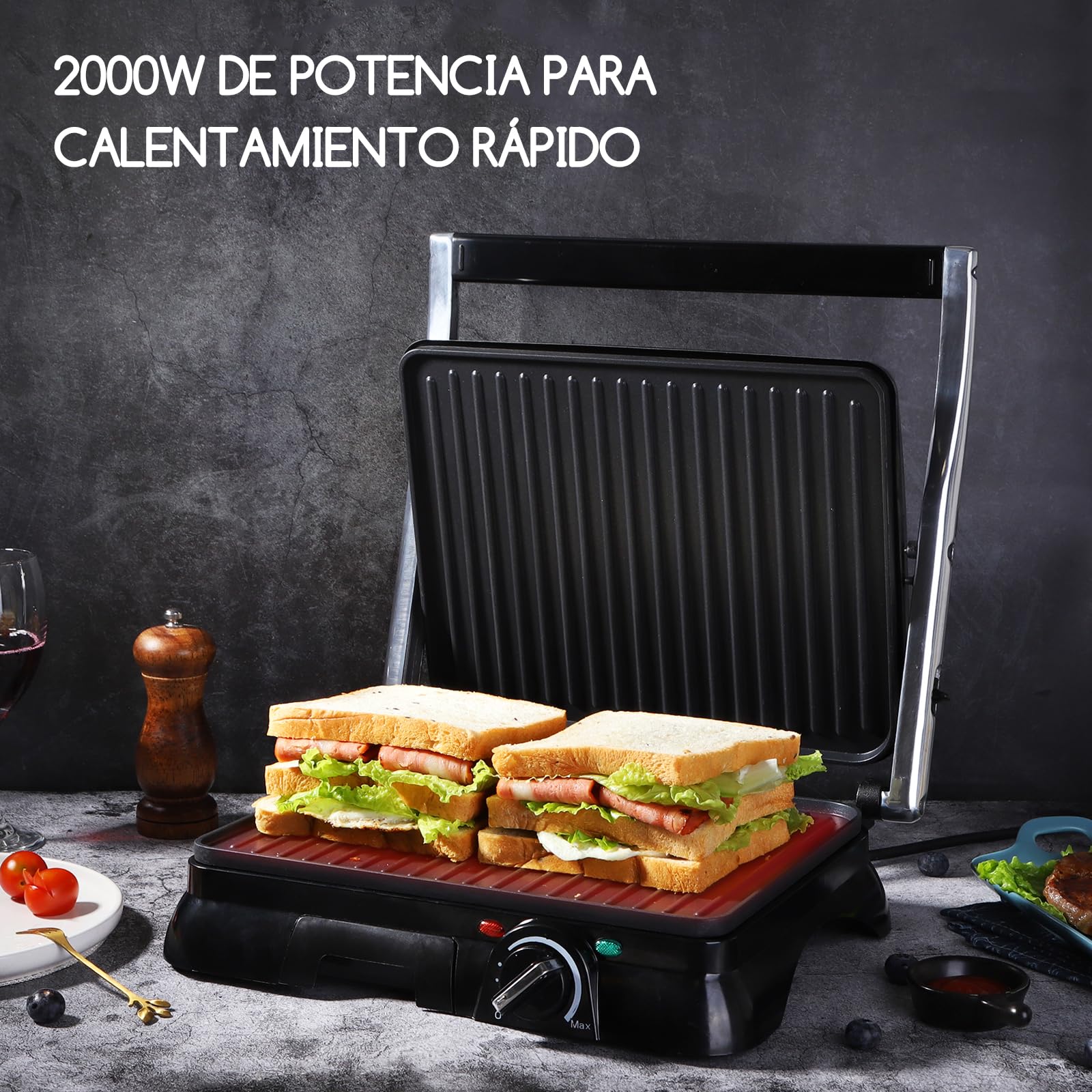 Aigostar Parrilla Eléctrica 2000W, Regulador de Temperatura y Apertura 180° | Sandwichera con Placas Antiadherentes sin PFOA, Ideal para Filetes, Carne y Verduras | Samson