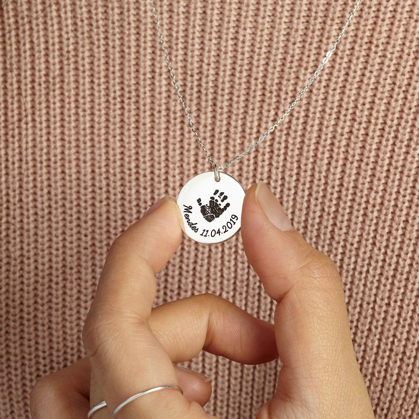 Huella de mano collar, huella de mano de bebé, nueva mamá Día de la Madre conmemorativo joya niño pérdida bebé pérdida collar Día de la Madre Navidad cumpleaños aniversario