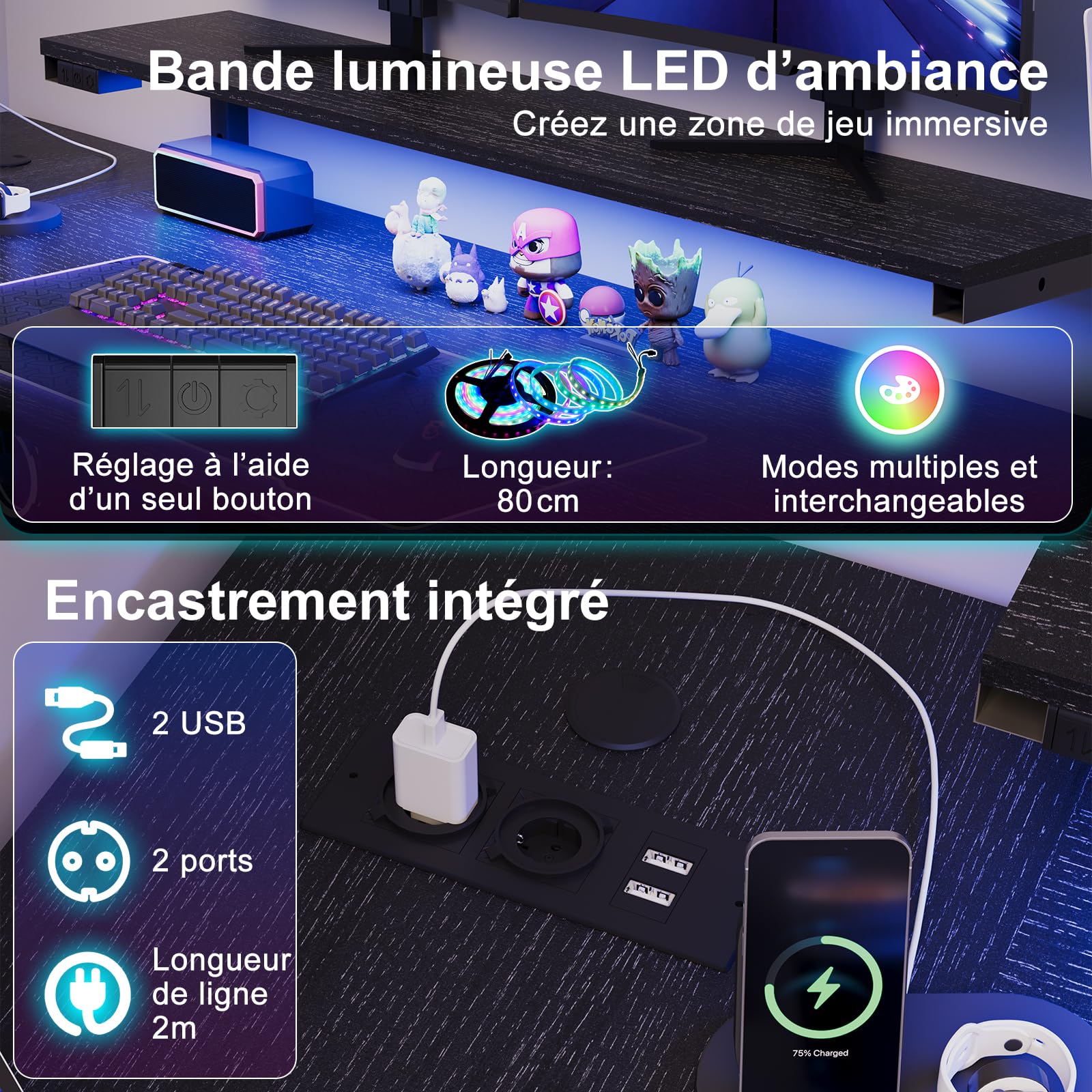 JUMMICO Bureau Gaming en U Réversible 170x95cm, Bureau d'angle, USB, Noir