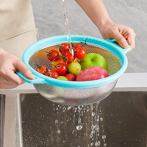 Miniatura 7 de POPGRADE Paquete de 3 coladores de acero inoxidable con asa colador de metal grande para pasta espagueti verduras frutas fideos colador de malla de