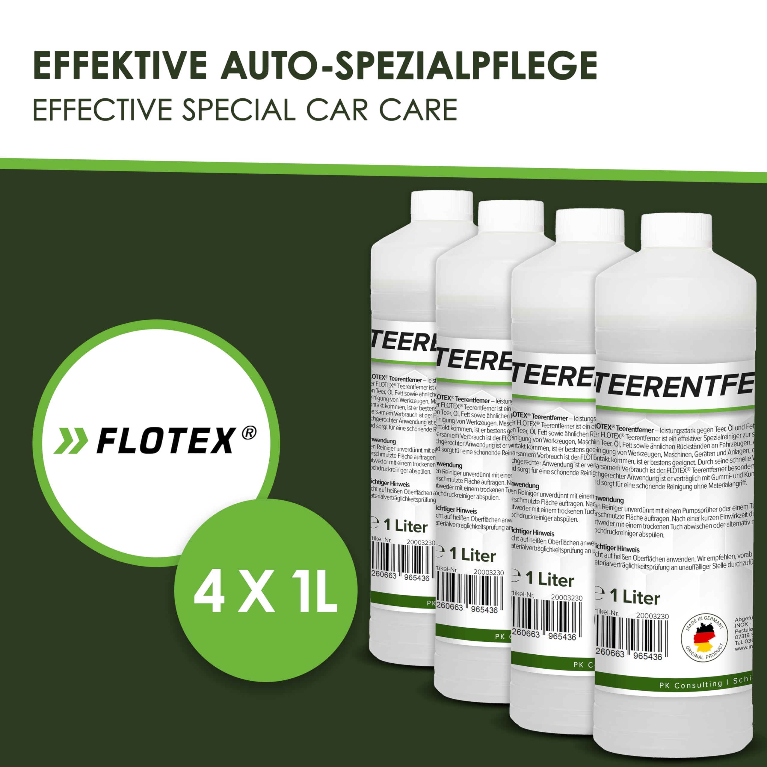 Profi Teerentferner Auto - 4x1L I Teer Entferner für Auto, Wohnmobil, Werkzeuge & Mehr - Löst effektiv Rückstände von Teer, Bitumen, Öl & Fett I Bitumen Entferner, Baumharzentferner