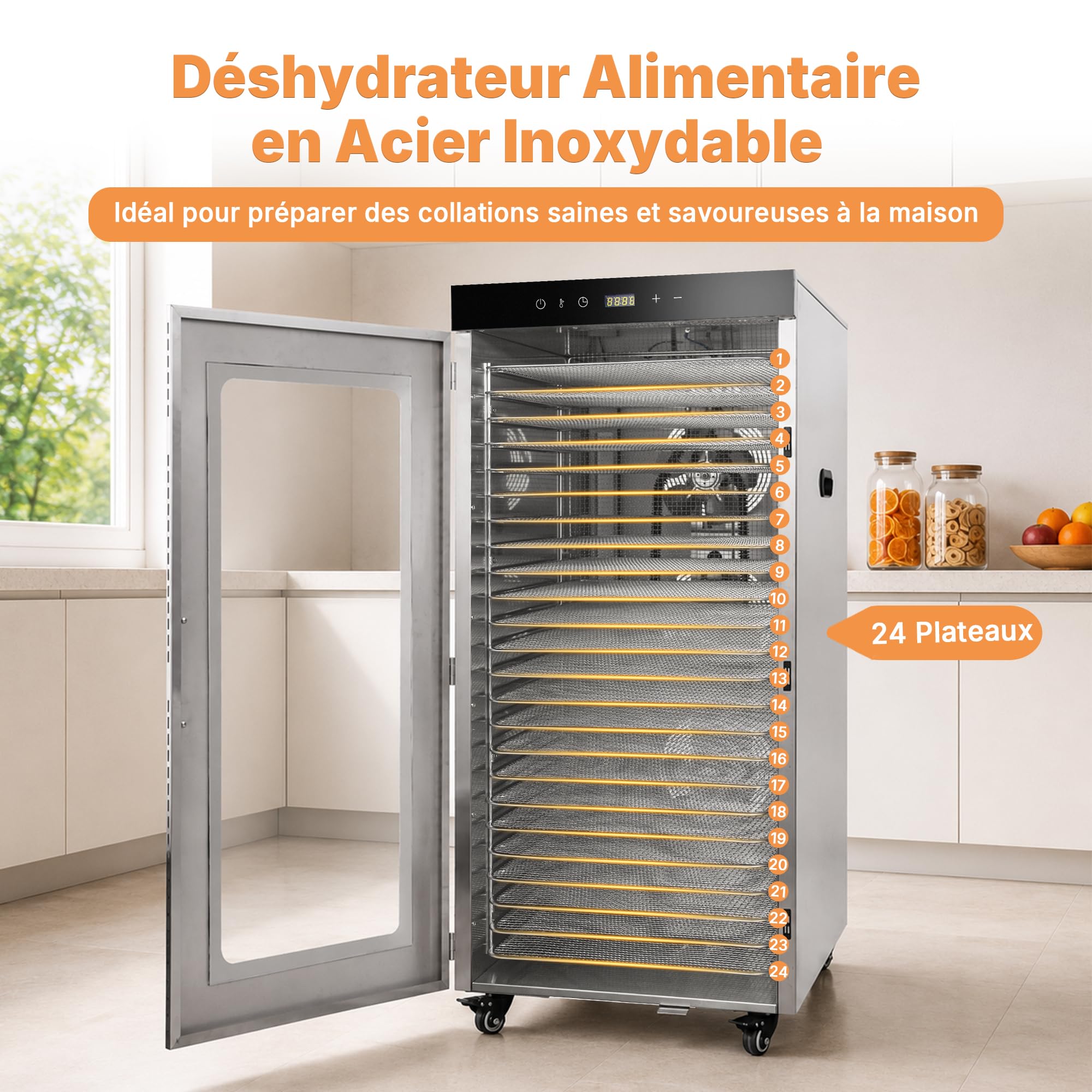 Hakka Déshydrateur Alimentaire Professionnel, 24 Plateaux, Pour Viande Séchée, Légumes, Fruits, Viande, Friandises pour Chiens et Herbes, en Acier Inoxydable, 2000 W