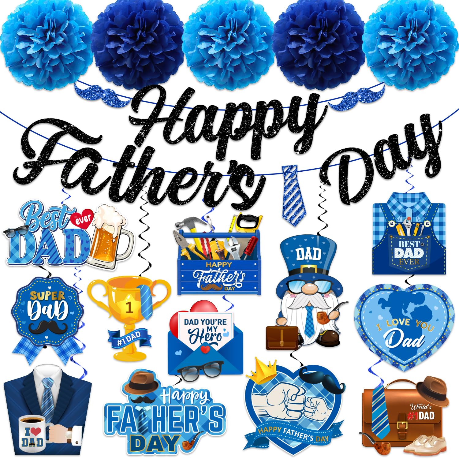 Fathers Day Decorations, Best Dad Ever Decorations includes Glitter Happy Fathers day Banner Dad Hanging Swirls and Blue Tissue Pom Poms, Fathers Day