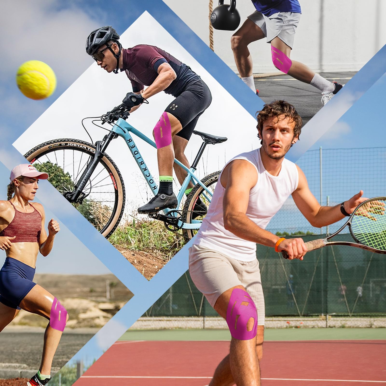 KTQUICK Lot de 24 bandes de kinésiologie prédécoupées pour genoux, bandes de sport imperméables et respirantes pour soulager l'inconfort et les douleurs musculaires (rose)