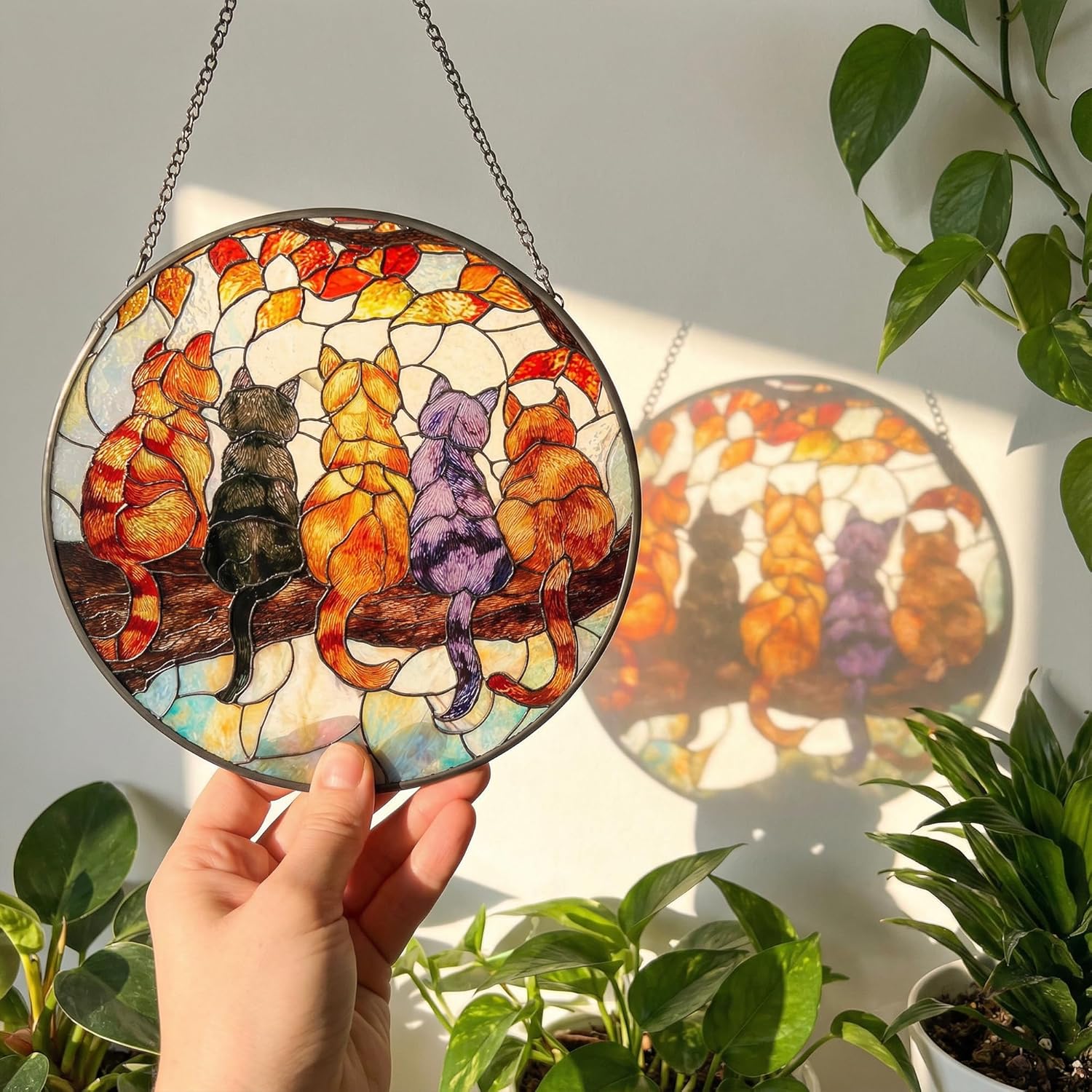 5 Cats on a Branch Stained Glass Window Hanging – Cute Sun Catchers Indoor Window Décor, Suncatchers for Windows Hanging with Warm Light Effect, Lovely Stained Glass Suncatcher for Home & Gift