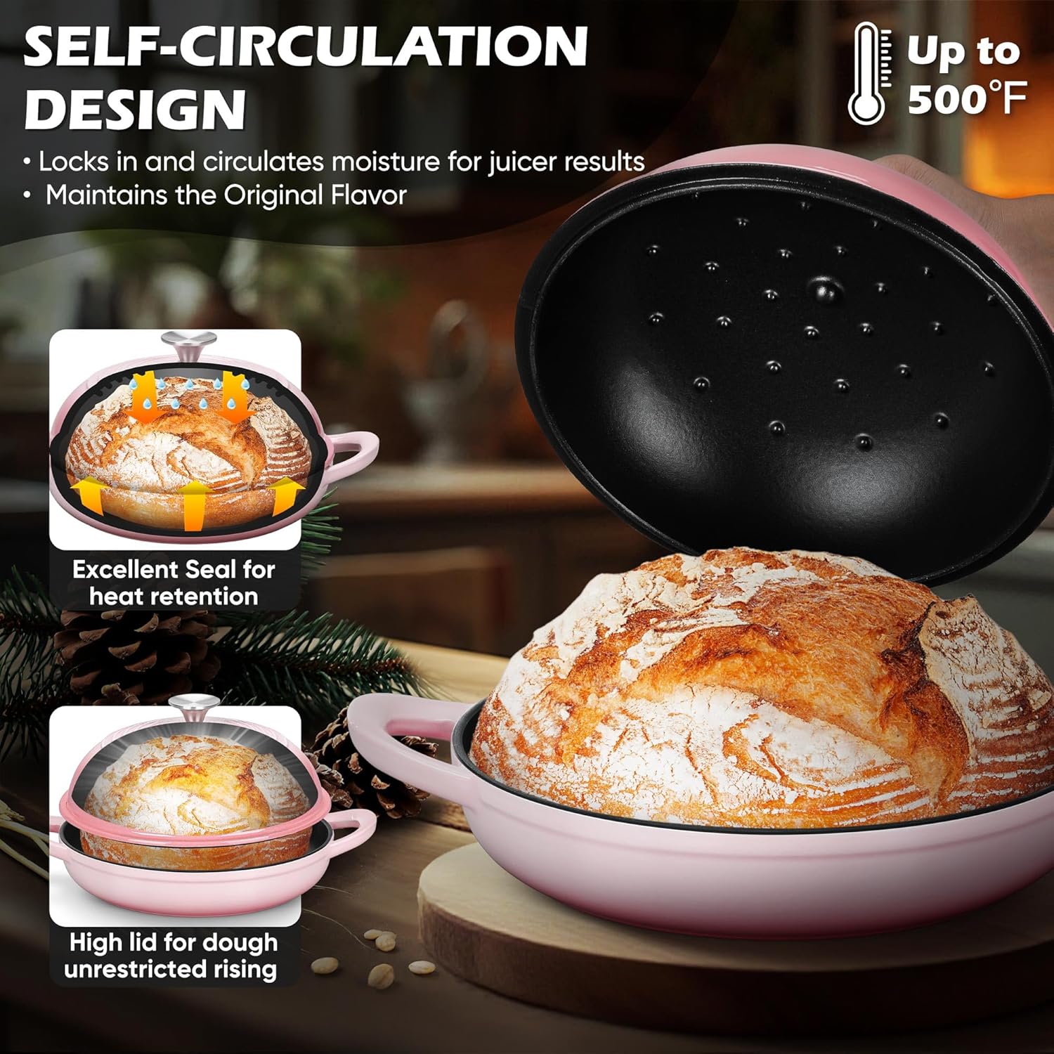 Roasting Pan with Rack & Bread Dutch Oven for Sourdough Baking, Joyfair Roaster Pan and V-rack for Toaster Oven, Enameled Cast Iron Dutch Oven Pot with Lid Pink