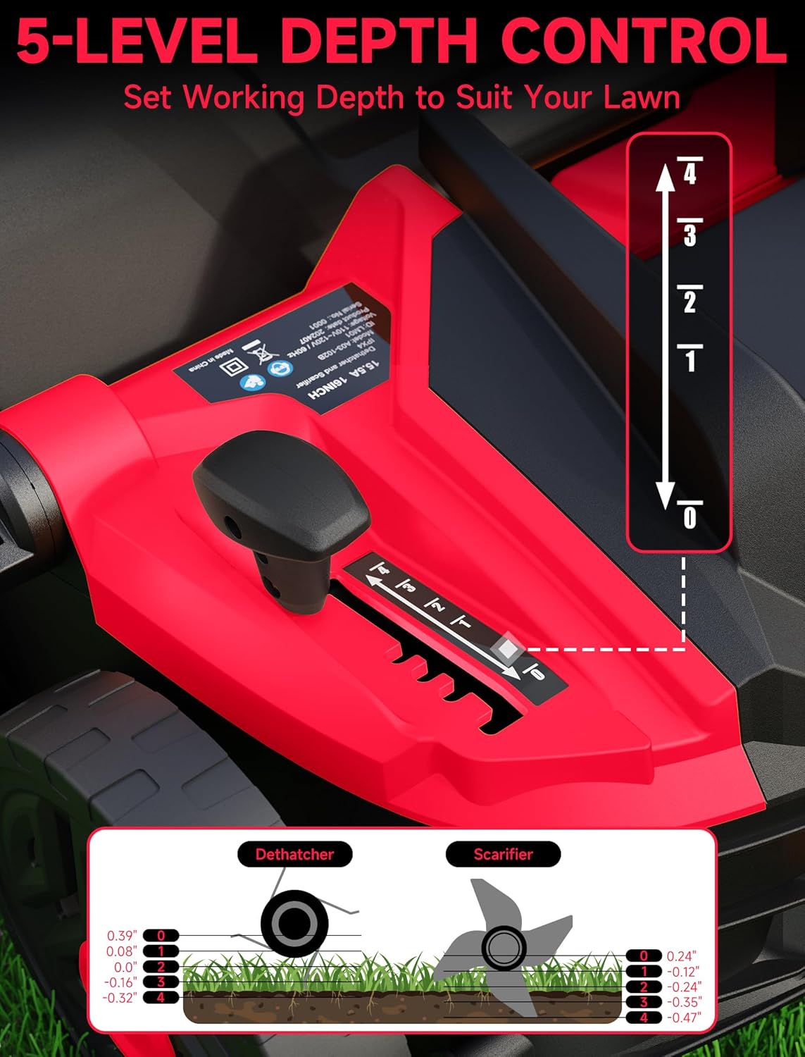 15.5 Amp 16-Inch Electric Dethatcher and Scarifier, Lawn Dethatcher with Foldable Design, 14.5-Gallon Bag, 5-Position Depth Adjustment, Quick Blade Change, Ideal for Healthy Lawn Care - Red