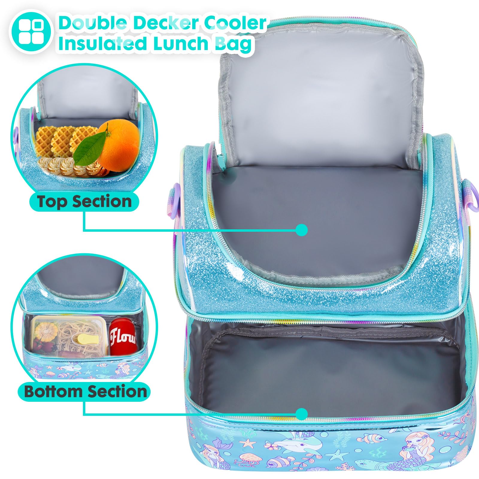 PinkSheep Kids Double Decker Cooler Insulated Lunch Bag Large Tote for Boys Girls, Men, Women, with Adjustable Strap - Image 4