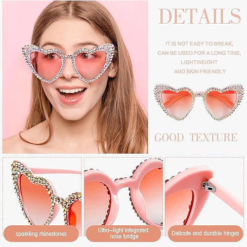 Miniatura 7 de SUNOVELTIES 3 pares de lentes de sol de corazón con diamantes de imitación para mujer, estilo retro brillante, con diamantes de imitación de ojo de