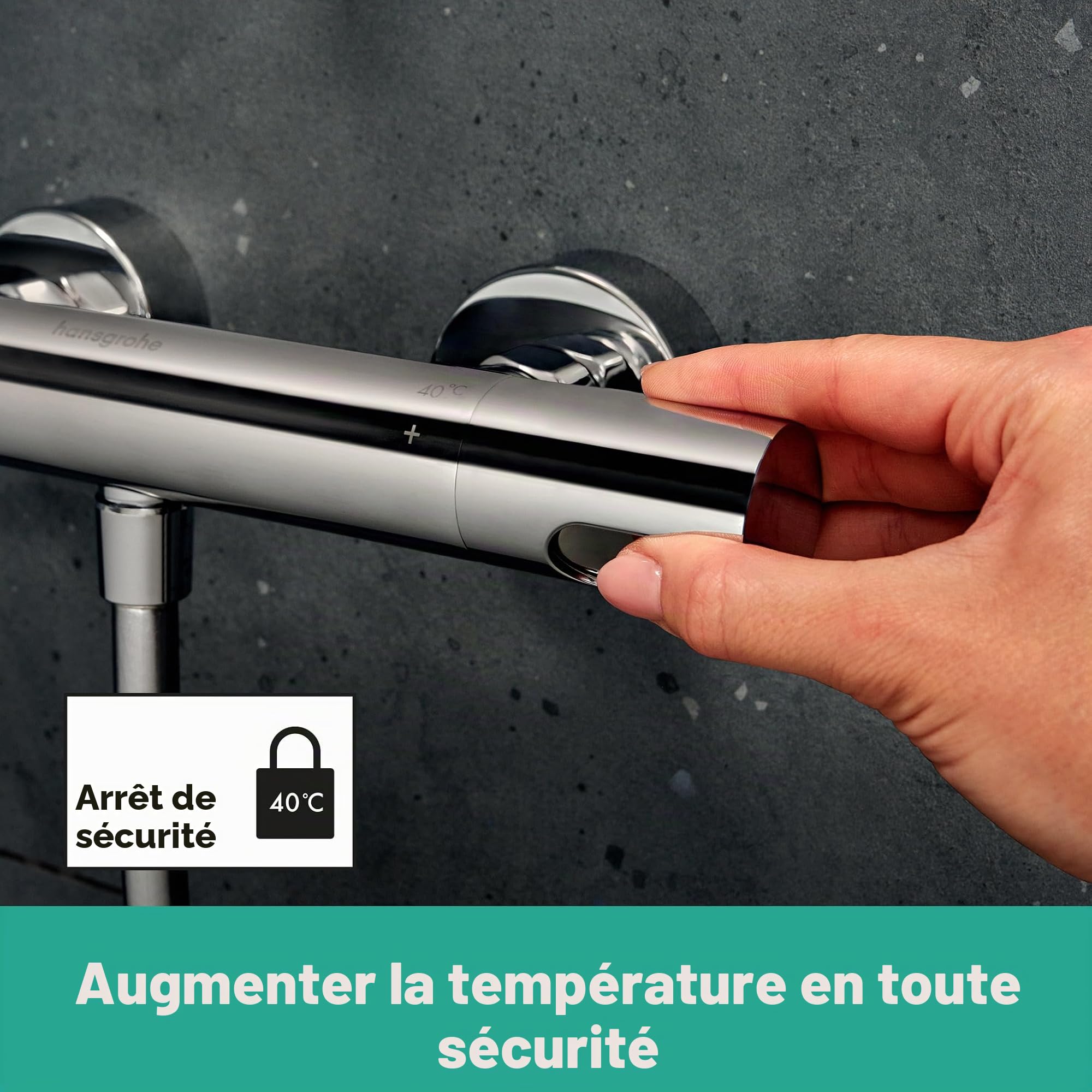 hansgrohe Ecostat Fine - Mitigeur de douche thermostatique avec EcoStop+, Robinet de douche apparent avec arrêt de sécurité (SafetyStop) à 40°C, Thermostat 1 sortie, Chromé, 13324000