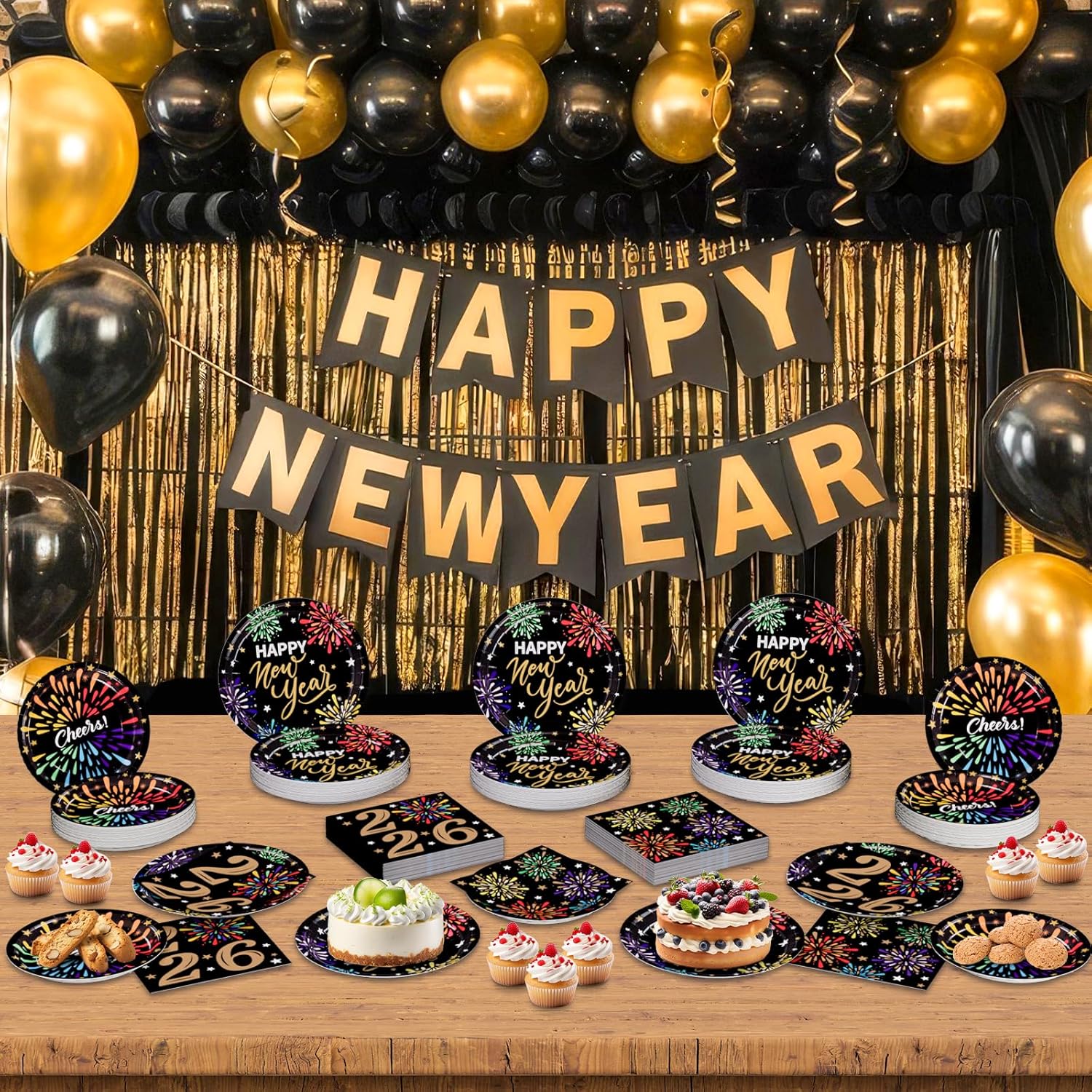 2026 New Year Party Supplies, 150 Count Disposable Tableware Set includes Disposable 9" Dinner Plates 7" Dessert Plates 3 Ply Napkins for Happy New Year Party Decorations, Serve 50