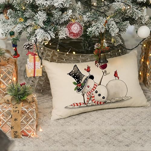 Miniatura 6 de RABUSOFA Fundas de almohada de Navidad de 12 x 20 pulgadas, fundas de almohada de muñeco de nieve con letrero de alegría, fundas de cojín de