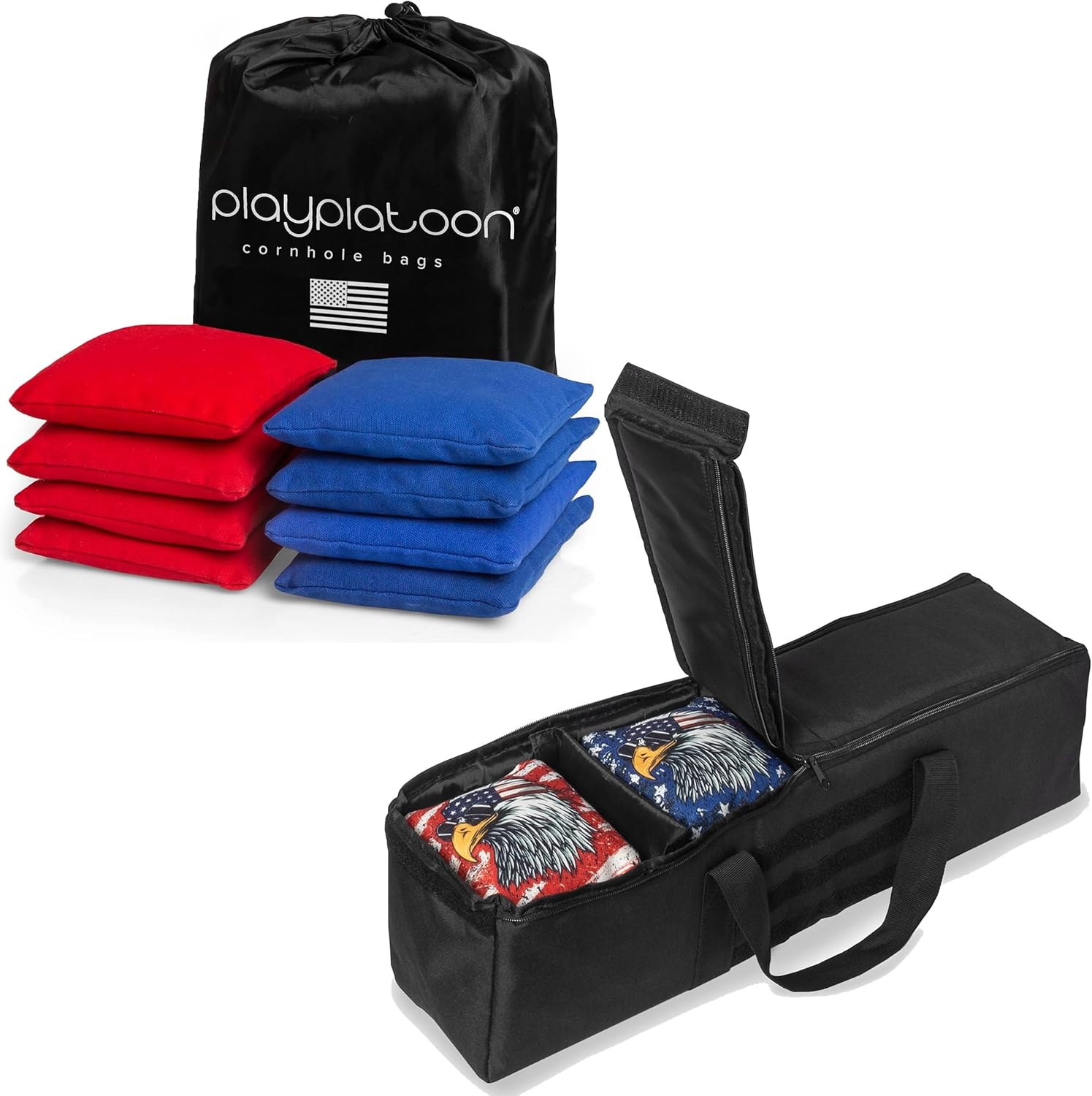 Play Platoon Set of 8 Red/Blue All Weather Cornhole Bags & Duffel Carrying Bag