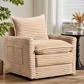 ovios Cloud Swivel Chair for Living Room, Comfy Deep Seat Sofa with Thick Cushions, Modern Plush Corduroy Sofas Chairs for Living Room, Beige