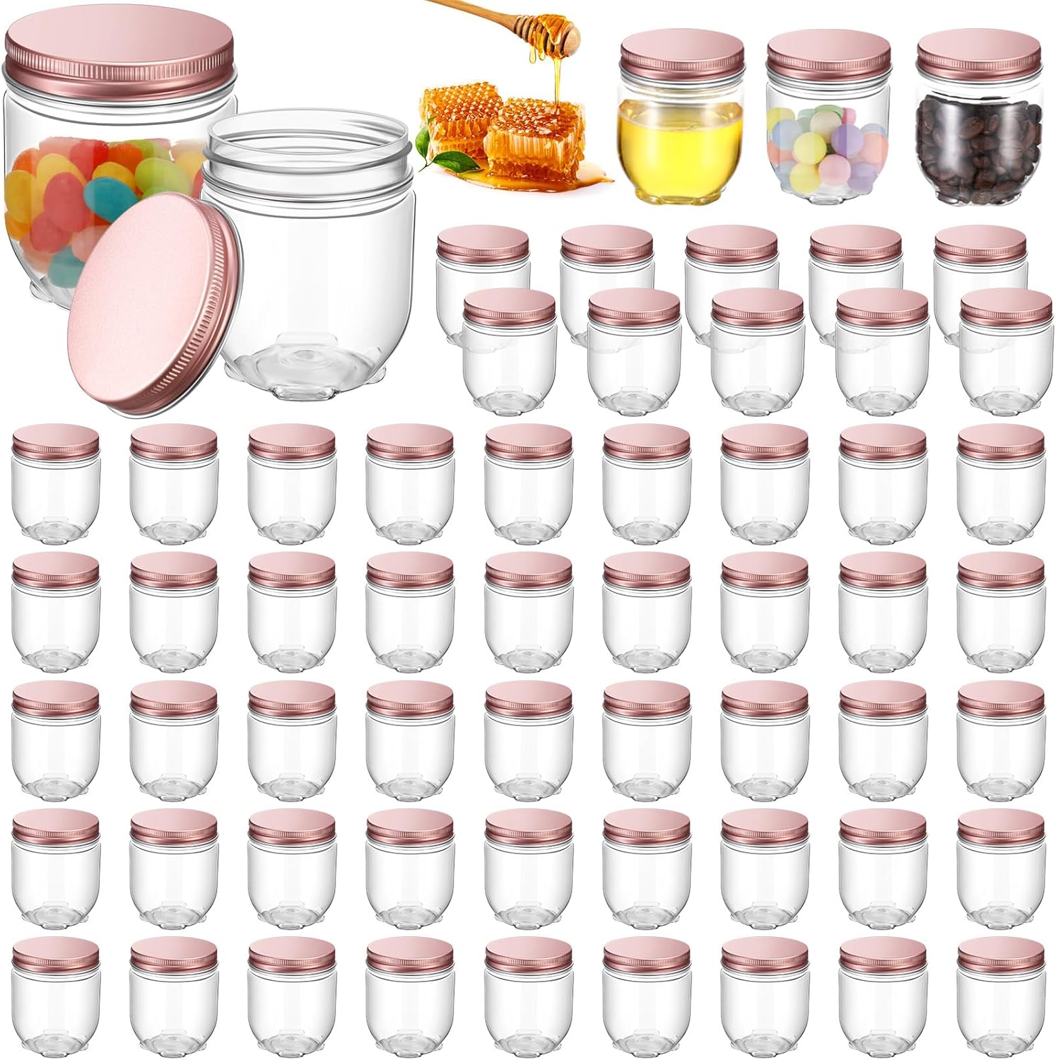 Tanlade 60 Pcs 4 oz Clear Plastic Jars with Lids Wide Mouth Mason Jars Small Honey Jar Mini Storage Containers Bulk for Herb Jelly Butter Wedding Favors Shower Party(Rose Gold)