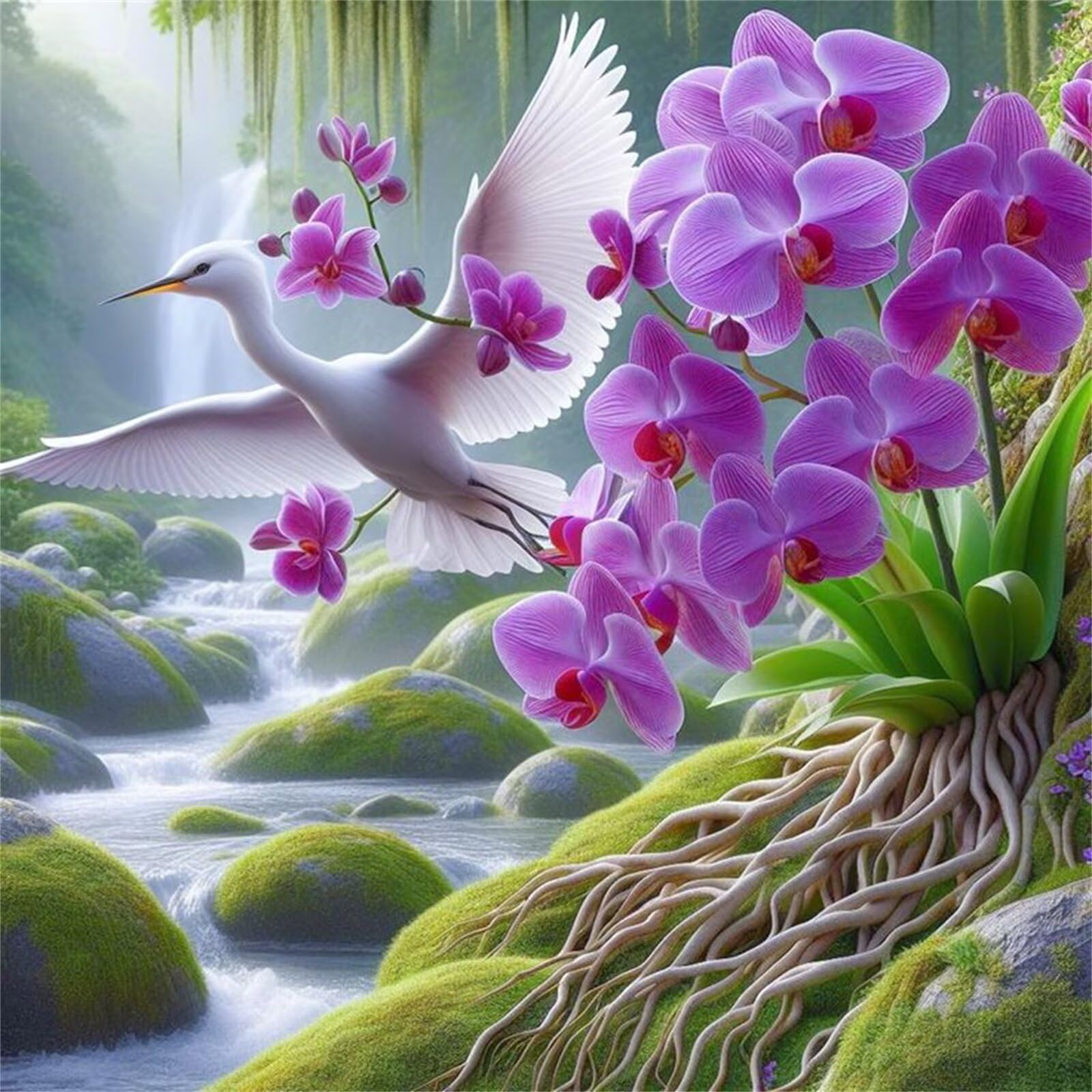 Jinmer Fioletowe orchidee, ptaki, zestaw do malowania diamentami, 5D "zrób to sam", obraz do malowania diamentami, pełne wiertło kwadratowe, haft krzyżykowy, rękodzieło, dekoracja domu, sypialni