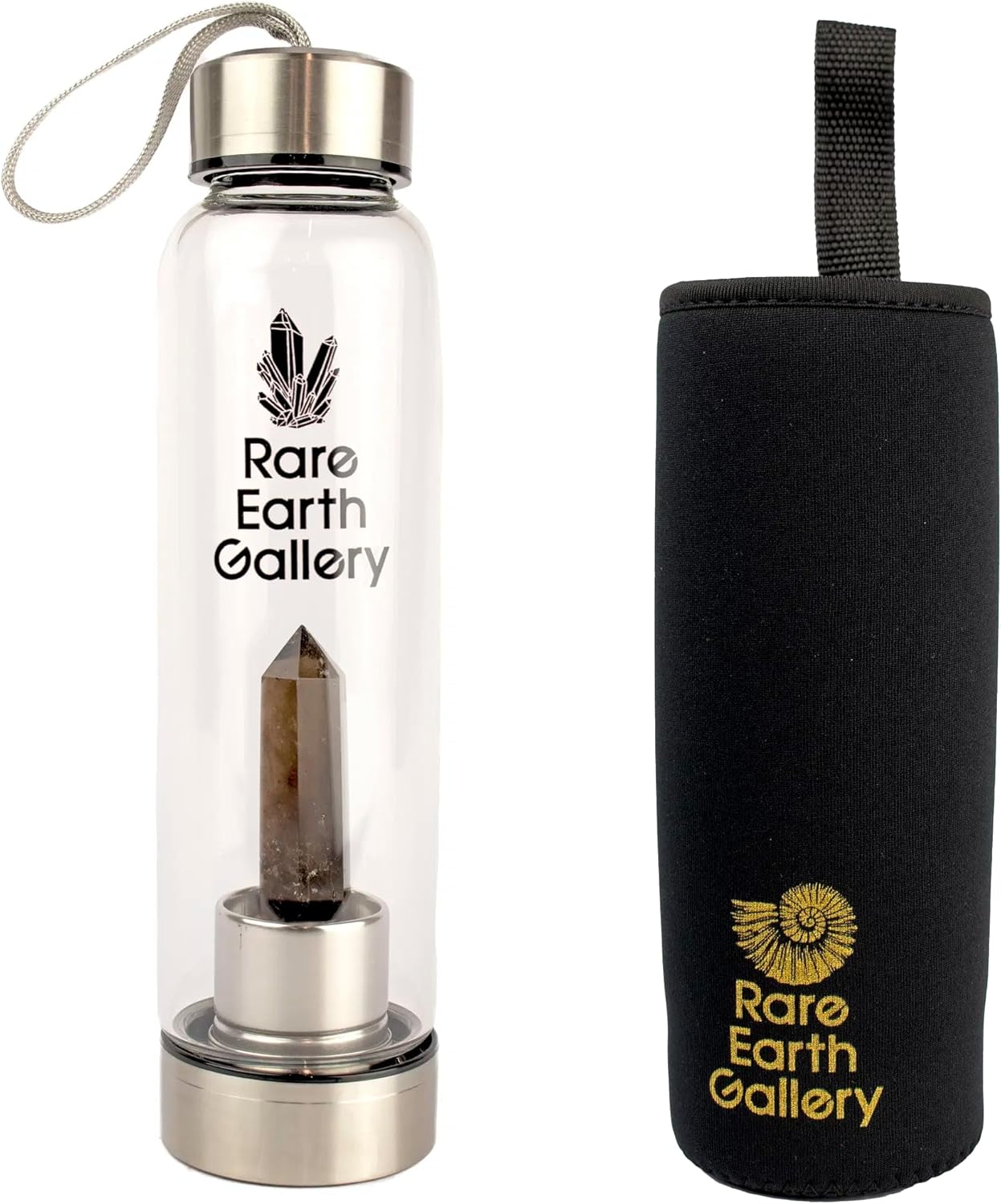 Natural Gemstone Water Bottle With Crystal Point, 16 oz, Includes Neoprene Sleeve | For Wellness, Gem Infused Water (Smoky Quartz)