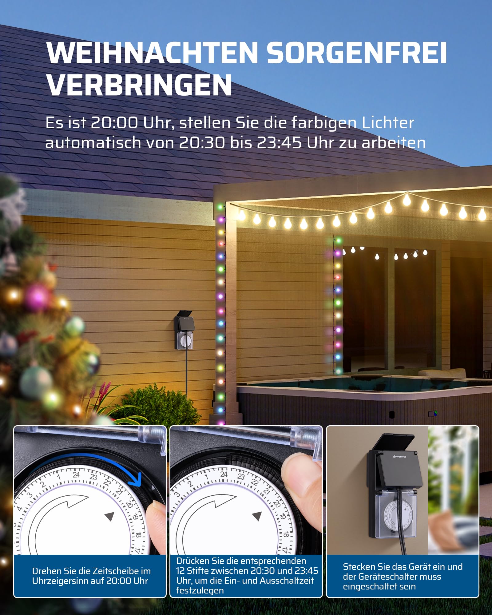 DEWENWILS Timer meccanico da esterno, Timer analogico da esterno con protezione impermeabile IP44, a prova di bambino e protettivo per giardino