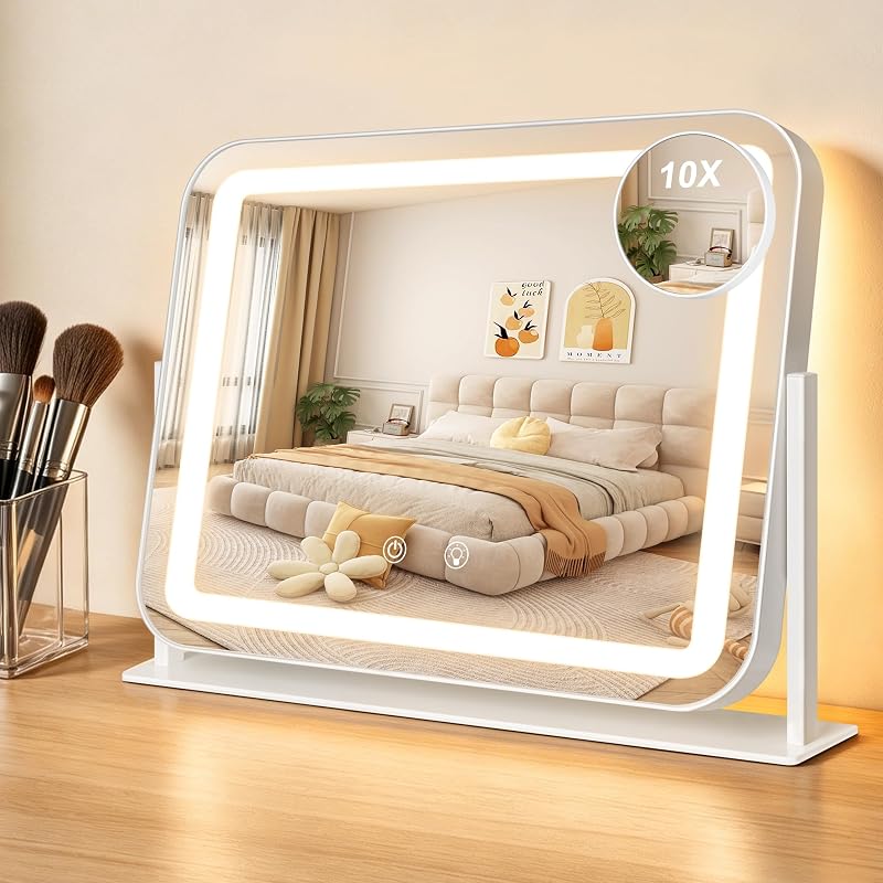 Espelho para maquiagem Telihopin com iluminação LED, ampliação 10X, tela sensível ao toque, rotação de 360° e 3 modos de iluminação, branco