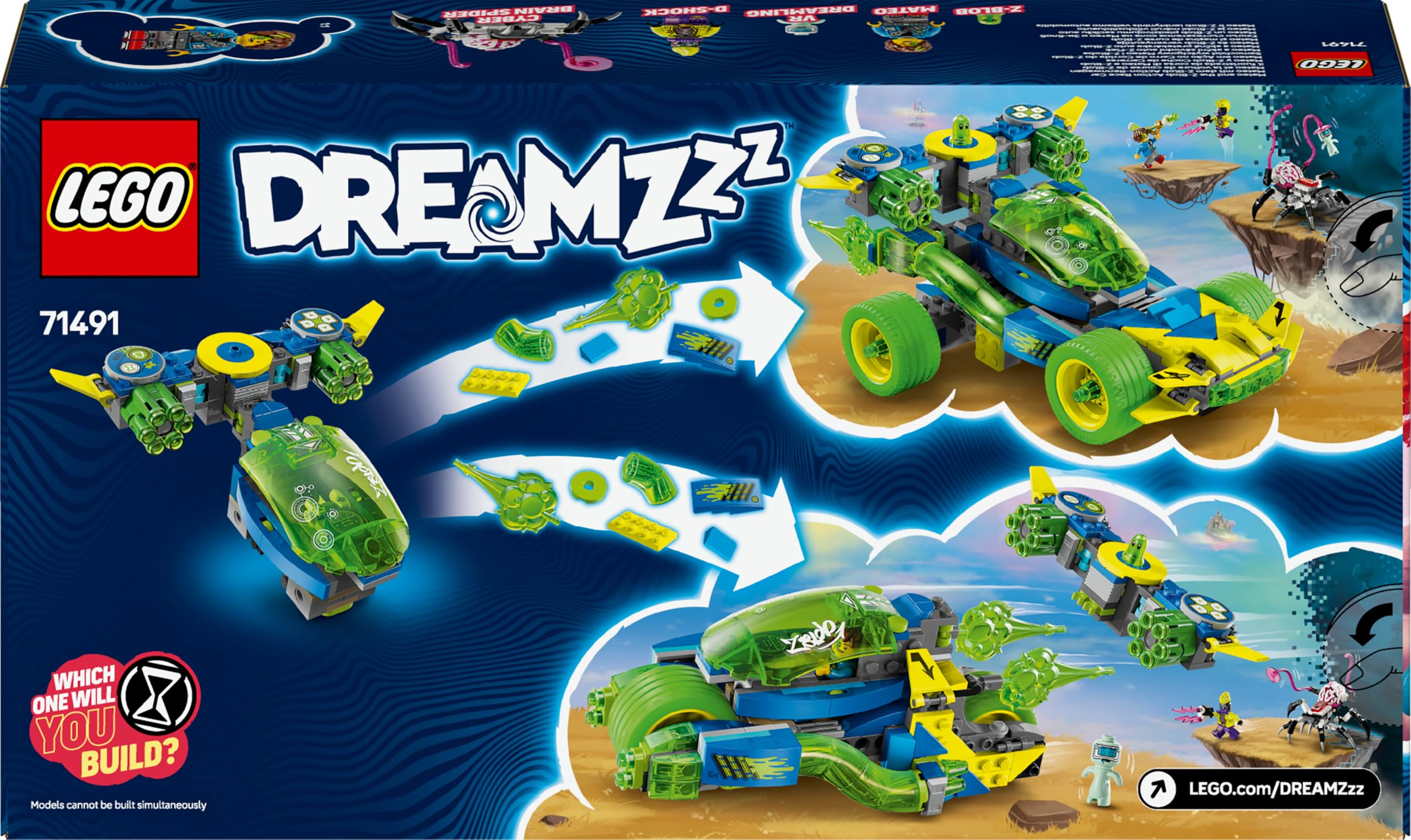 LEGO DREAMZzz Mateo y Z-Blob Coche de Carreras y Moto 2 en 1 de Juguete para Niños y Niñas de 8 Años o Más, Minifiguras y Araña para el Juego de Roles, Regalo Infantil de Cumpleaños 71491
