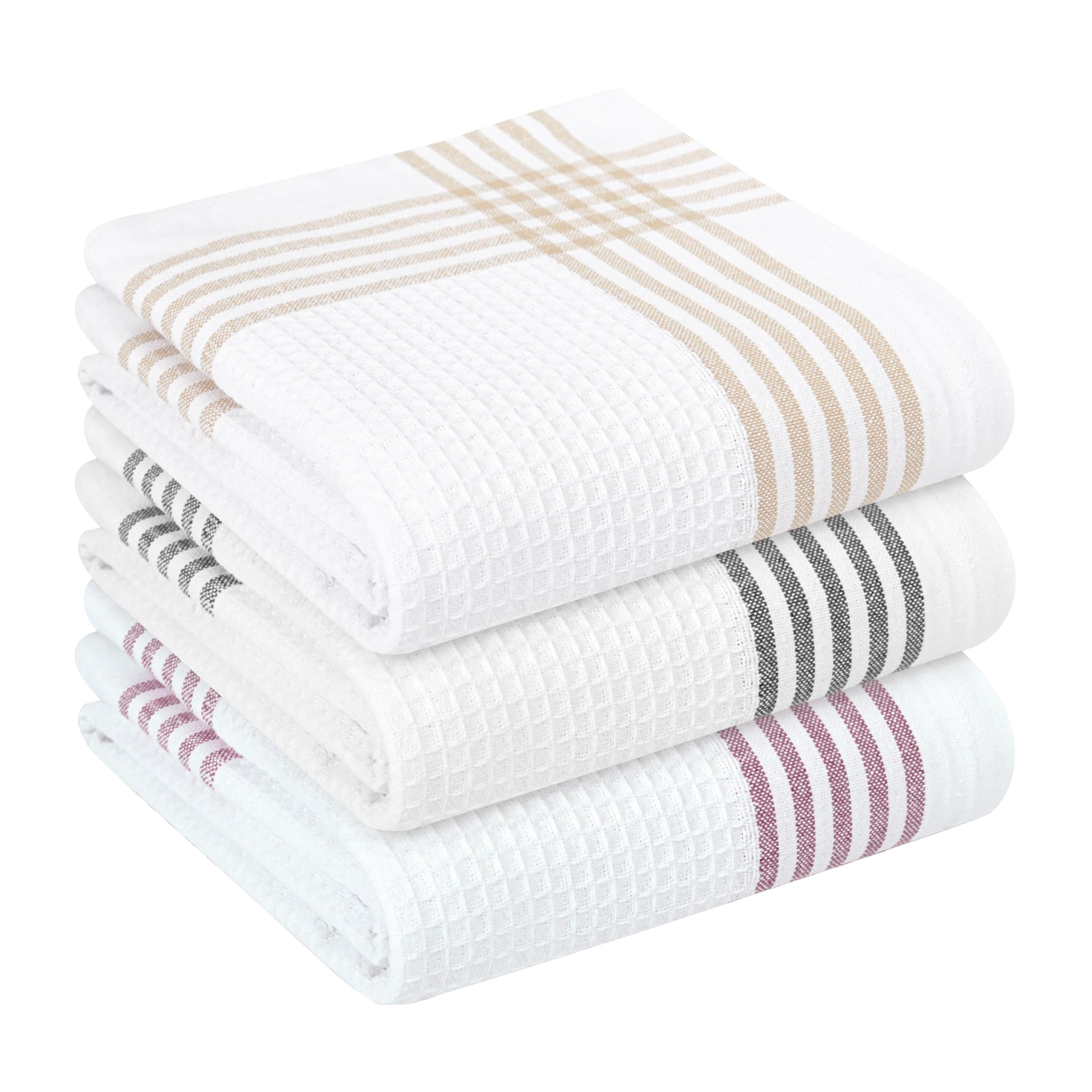 HEIRLOOM COMFORT Multi Color Kitchen Towels 3 Pack, 40x66 cm, 100% Cotton Waffle Weave, Super Absorbent, Quick Dry, Reusable Dish Towels for Cleaning, Drying, Cooking, Beige, Black, Burgundy Wine