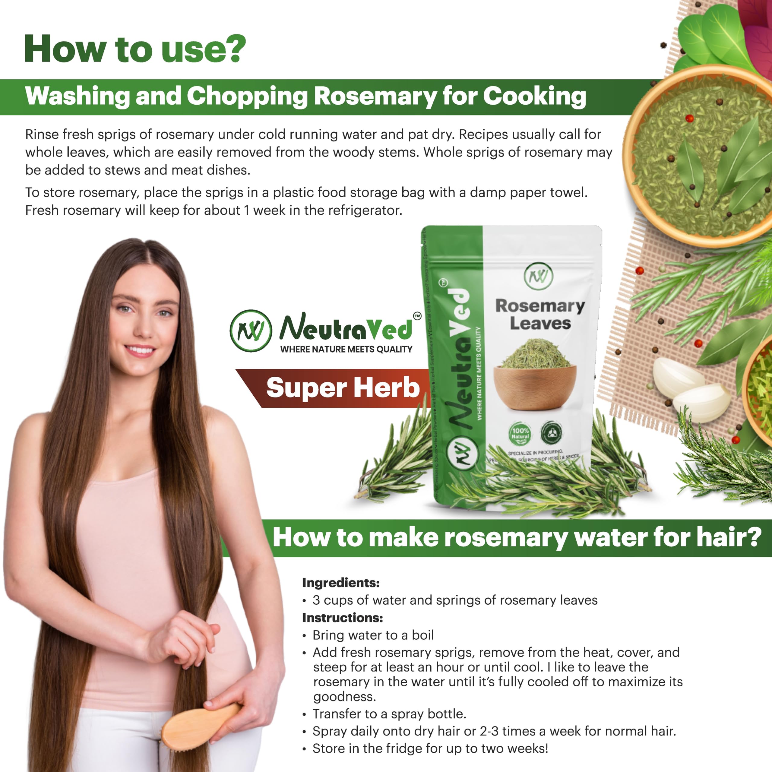 NeutraVed Rosemary Leaves 100G + Comb Applicator + Mist Spray + Neem Comb|Food & Hair Growth|Fresh, Aromatic Leaves For Stronger, Nourished Hair|Know Quality Packed Zipper Pouch,100 Gram - Image 4 thumbnail