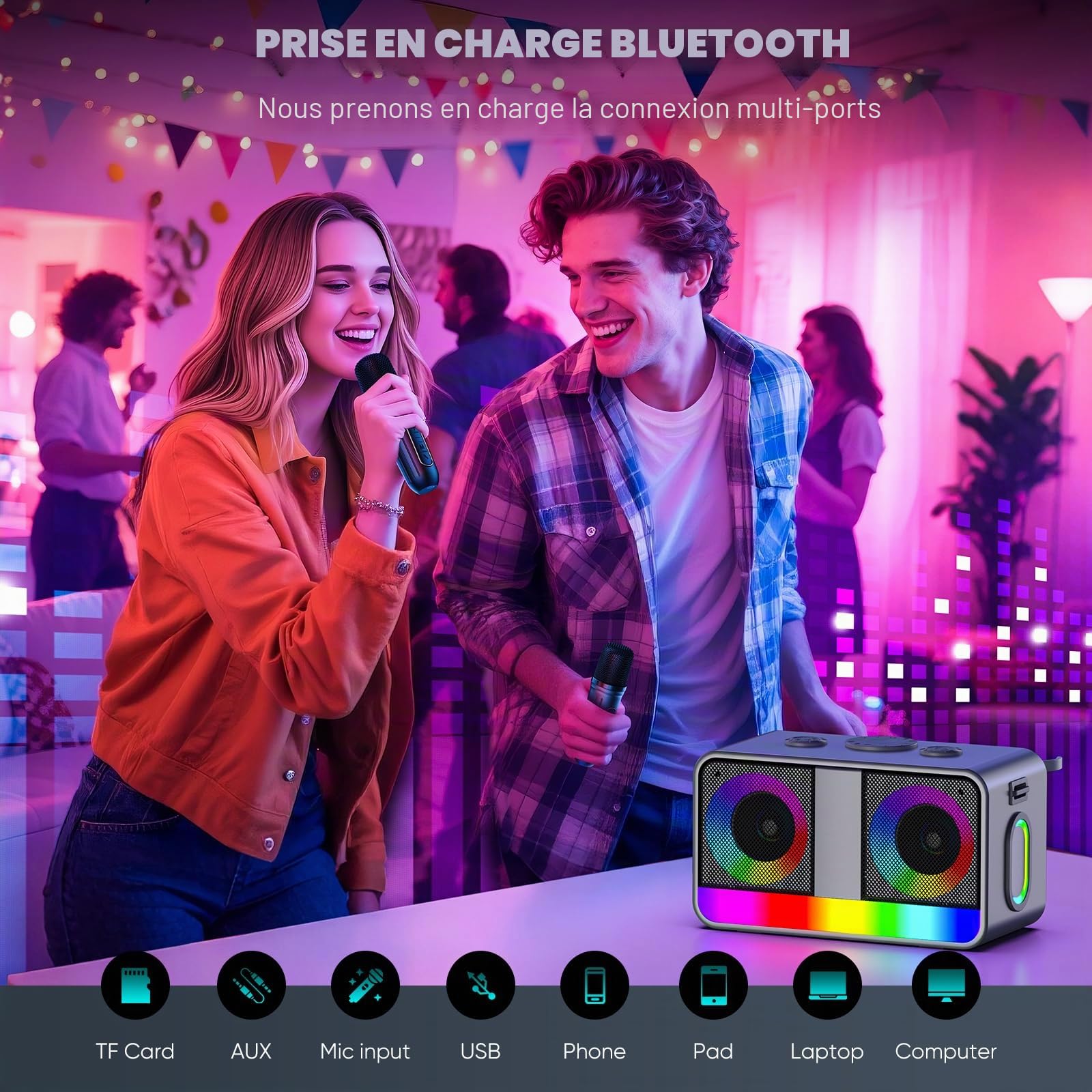 Karaoké Haut-Parleur Portable 35W Réel, Autonomie de 8 Heures, 2 Microphones sans Fil Rechargeables, LED, Machine de Karaoké pour Adultes et Enfants, (CHJ171-Silvergray)