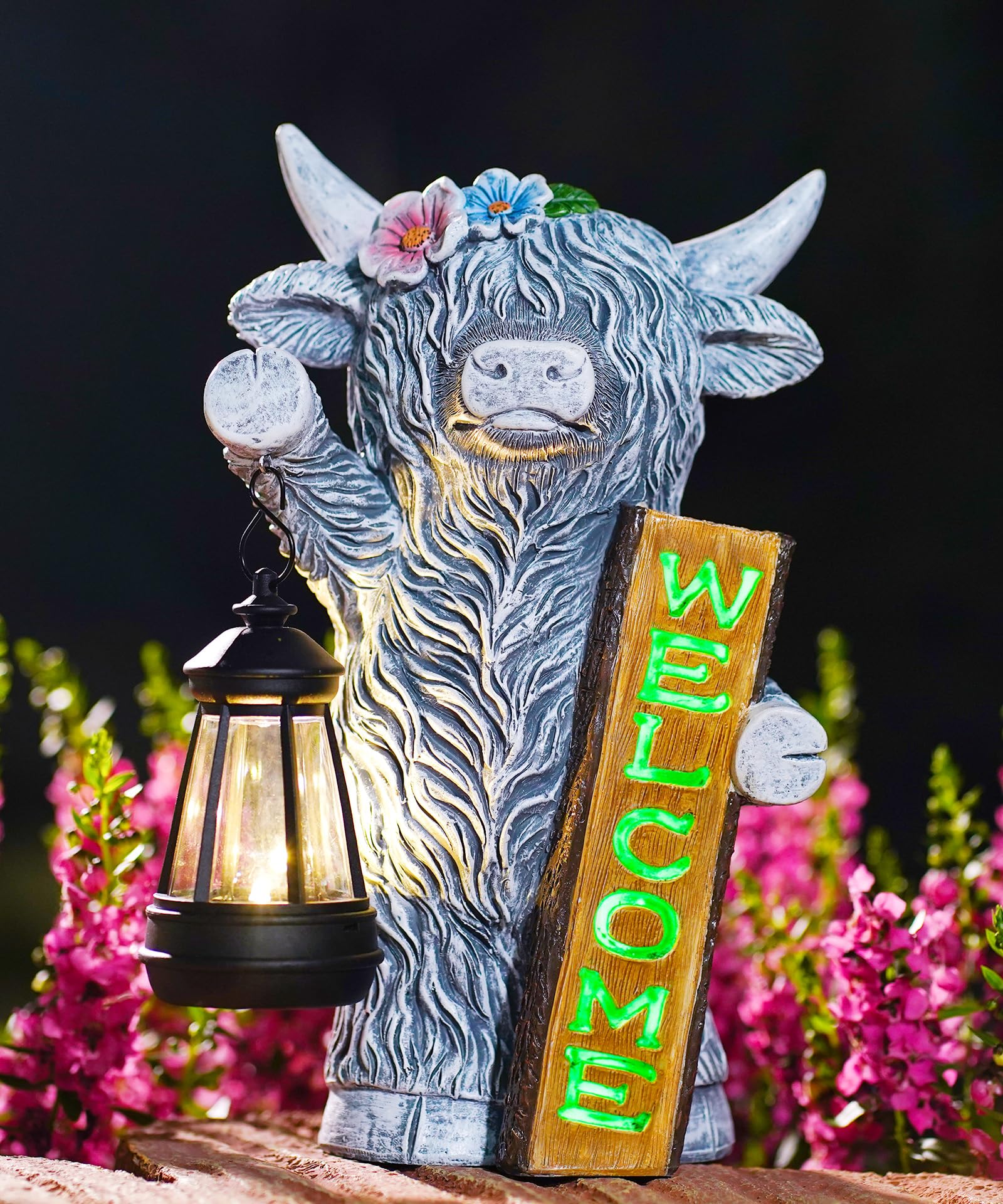 Goodeco Solar Standing Highland Cow with Solar Lantern - Grey