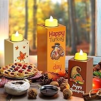 Vista 6 de BlcTec Decoraciones de Acción de Gracias para el hogar, 3 portavelas de madera con velas de té LED y artesanía de tallado 3D, centros de mesa
