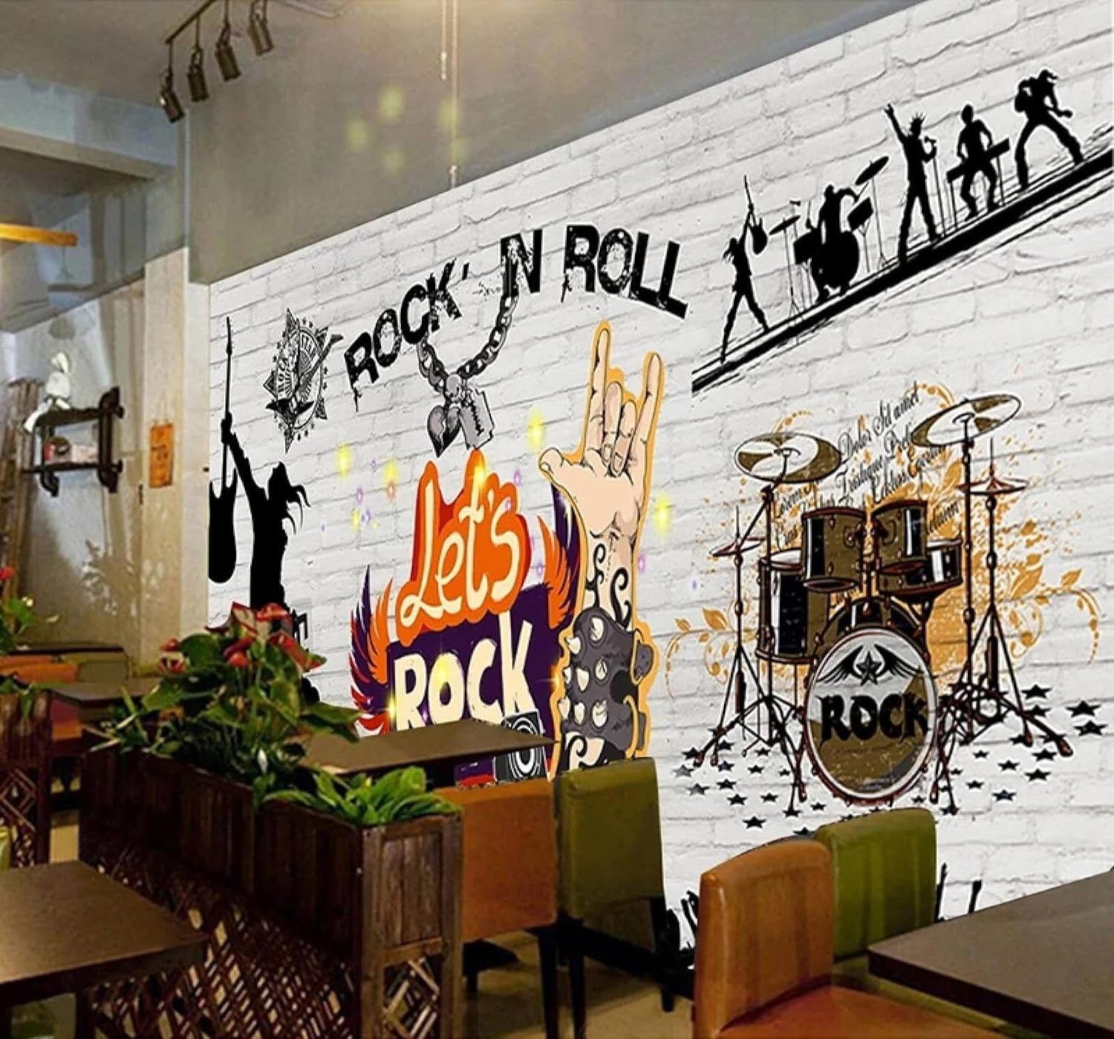 Tzxztt Vintage Brick Wall Graffiti Rock Music Poster Modern 3D Wallpaper Premium Textured Silk Neutral Tones Material Ideal for Living Room Bedroom-300cm×210cm