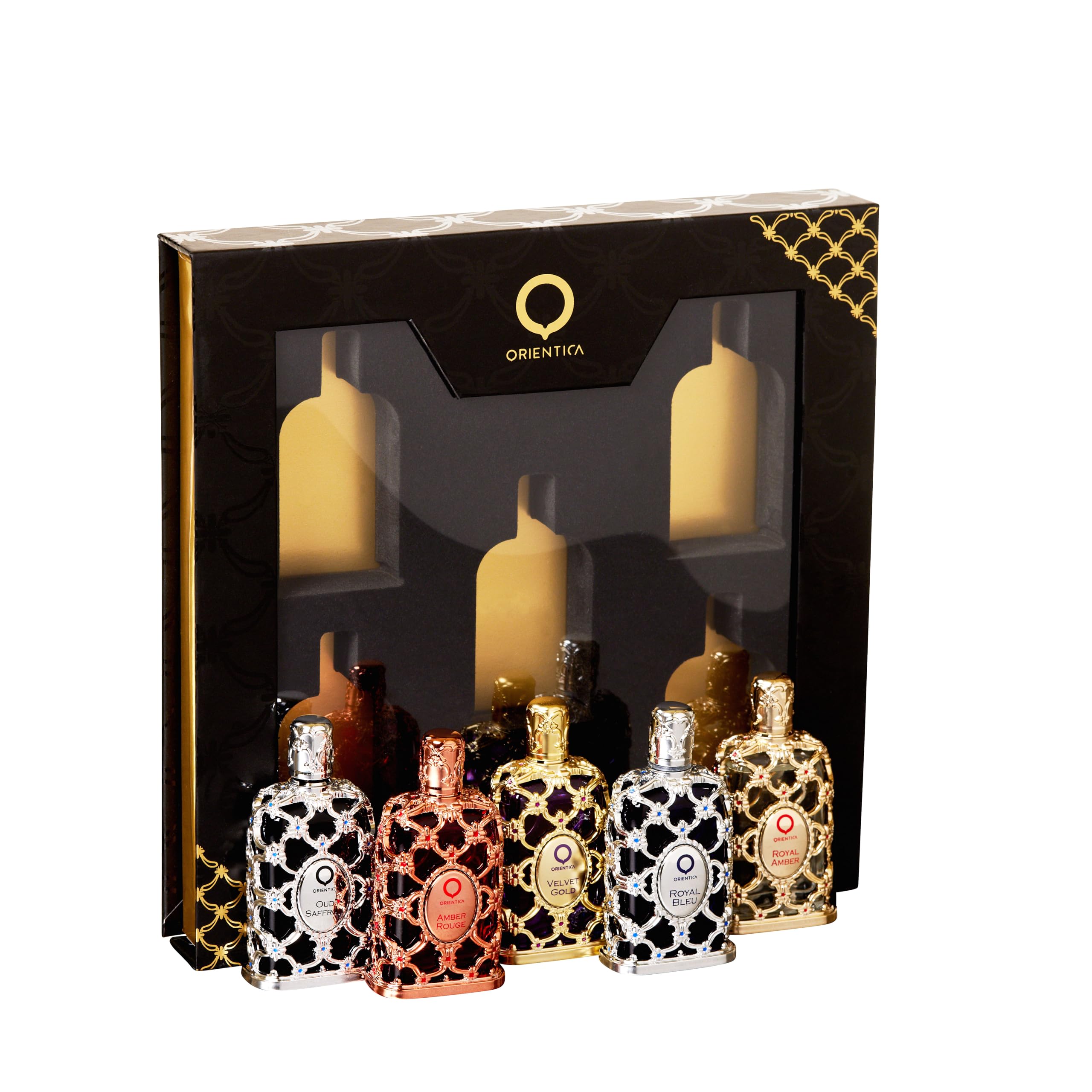 Orientica Luxury Collection Miniature Discovery Set – 5 x 7,5 ml Eau de Parfum | Set regalo di profumi unisex ambra e vaniglia | Sampler di fragranze Oud da viaggio per uomo e donna