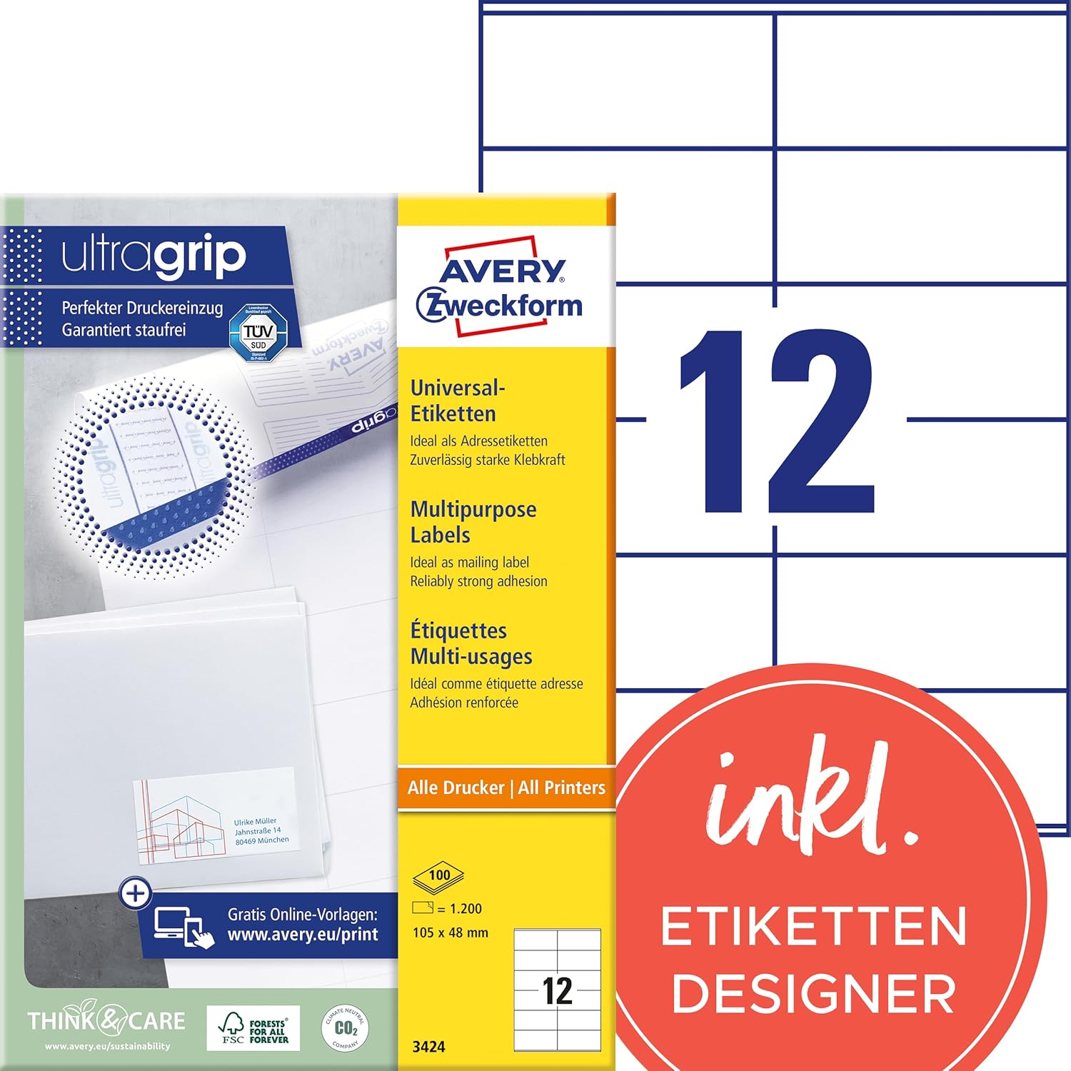 AVERY Zweckform 3424 Address Labels (1,200 Adhesive Labels, 105 x 48 mm on A4, Matte Paper, Individually Printable Sender Labels, Self-Adhesive Address Labels with Ultragrip), 100 Sheets, White