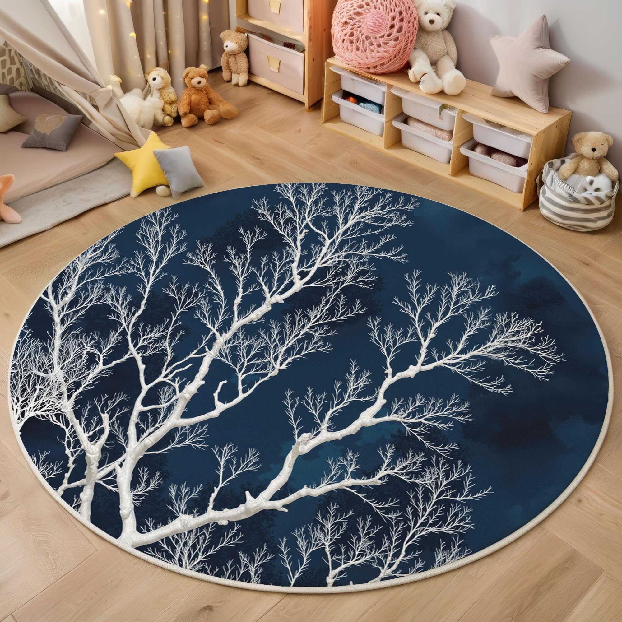 Tapis rond lavable machine 120cm antidérapant et doux poil bas bleu