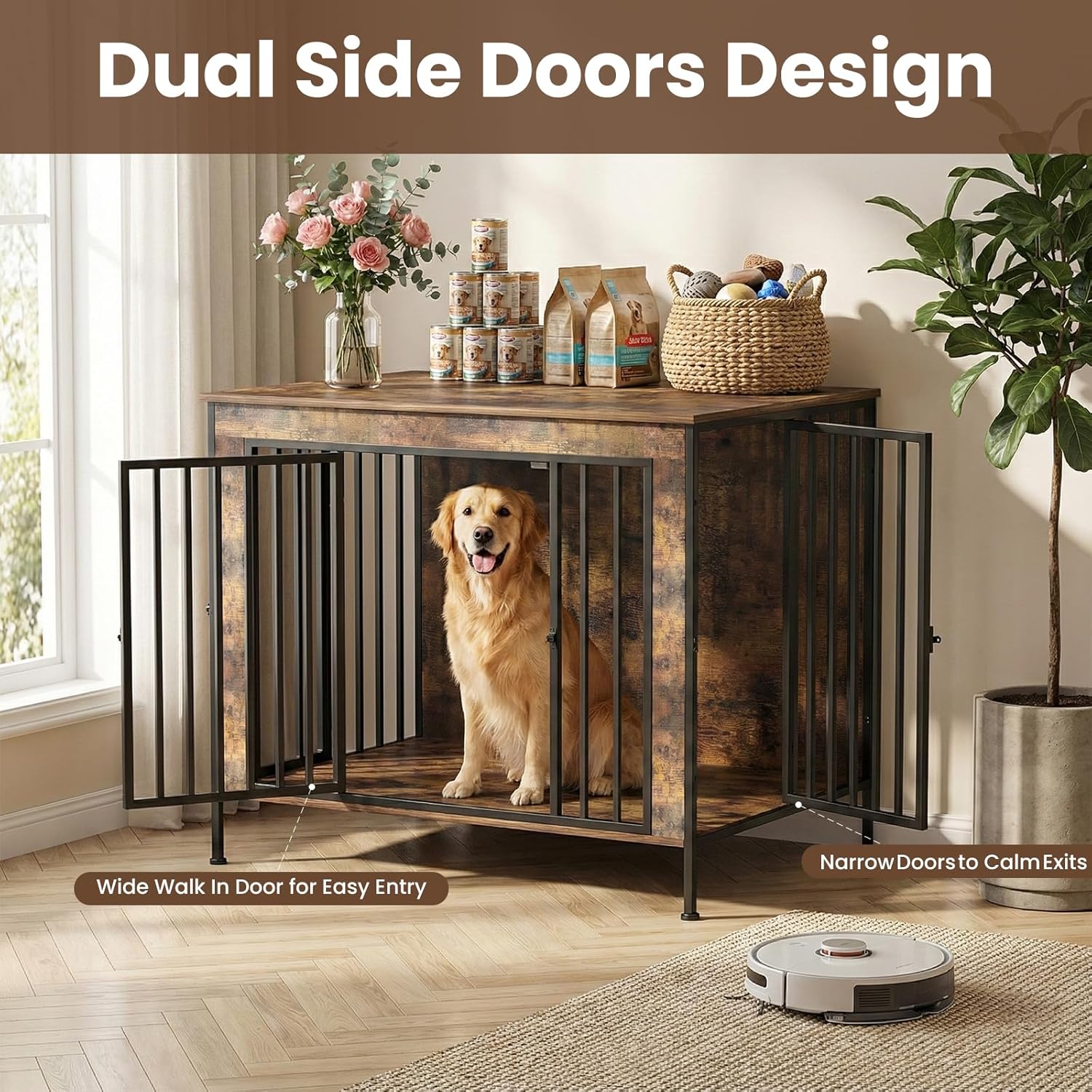 Dog Crate Furniture Heavy Duty for Large Dog, Sturdy Indoor Kennel Table with Dual Doors, Elevated Robot Vacuum Friendly Base, Decorative Cage TV Stand & End Table, Rustic Brown