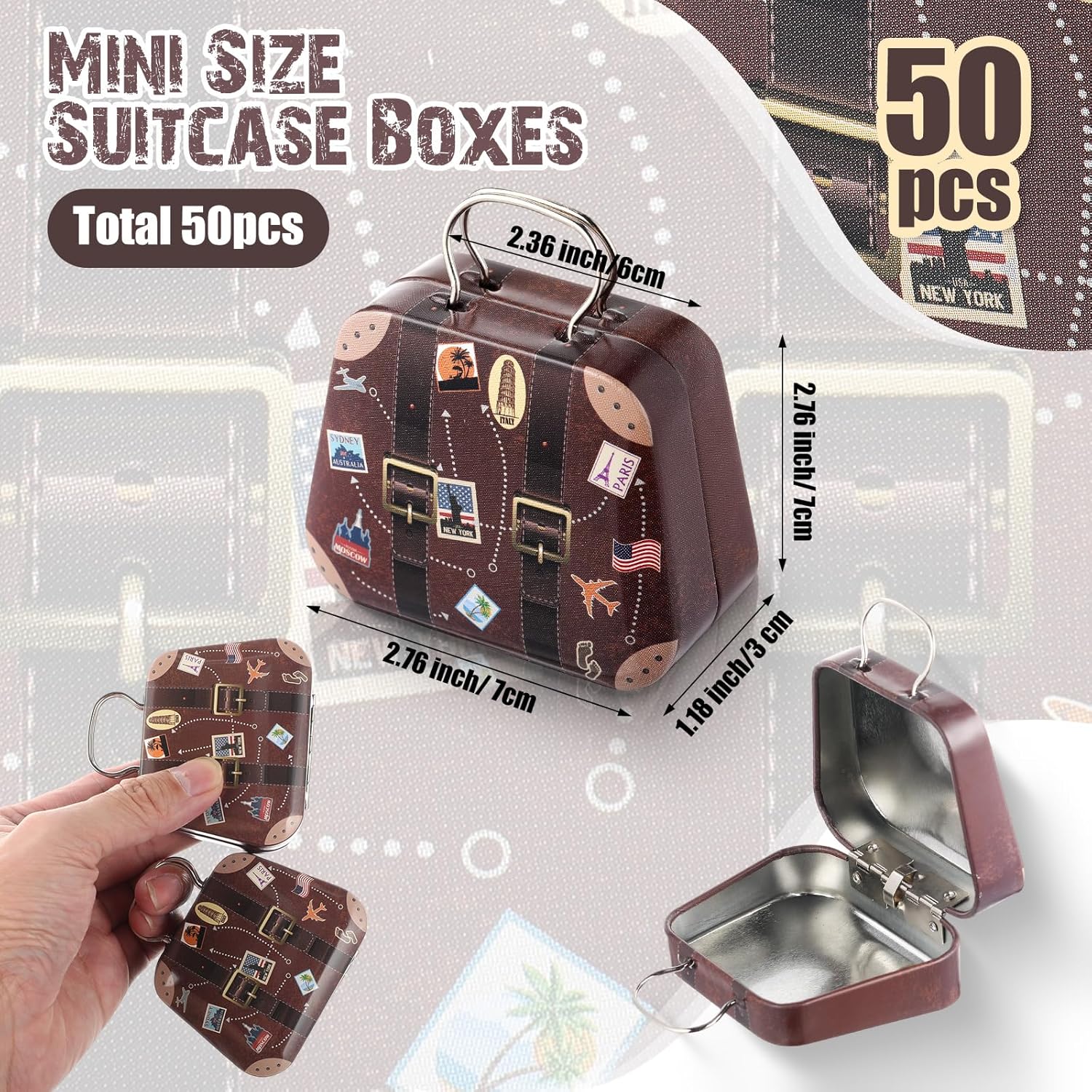 50 Pcs Mini Suitcase Party Favor Boxes Travel Theme Small Luggage Candy Gift Box Vintage Storage Container Tins with Hinged Lids for Wedding Bridal Shower Decoration(Plane)