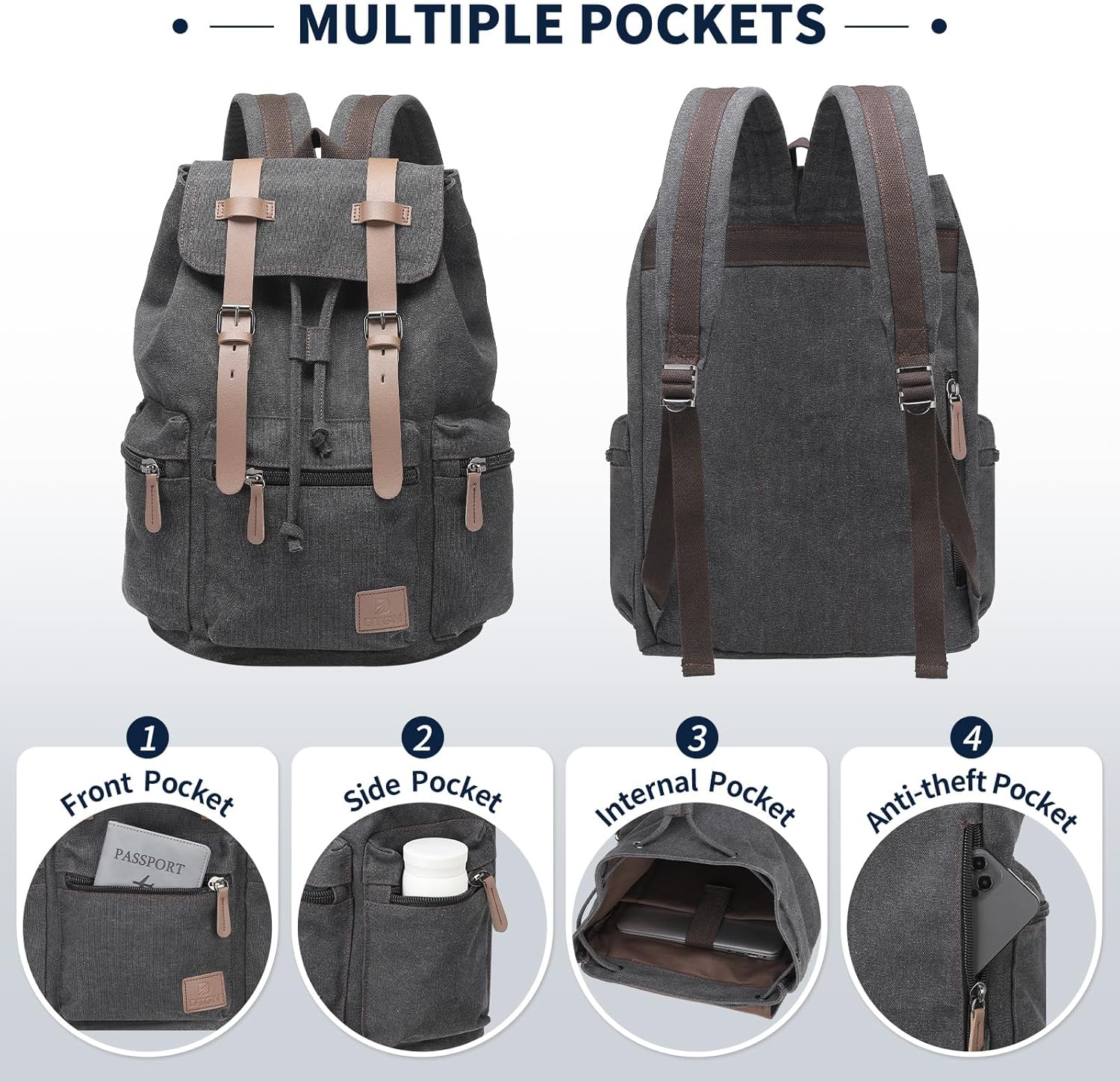 Vintage Canvas Backpack for Men & Women, Durable Casual Daypack with Leather Accent, Fits for College, Work, Travel, & Outdoor, Black - Image 4