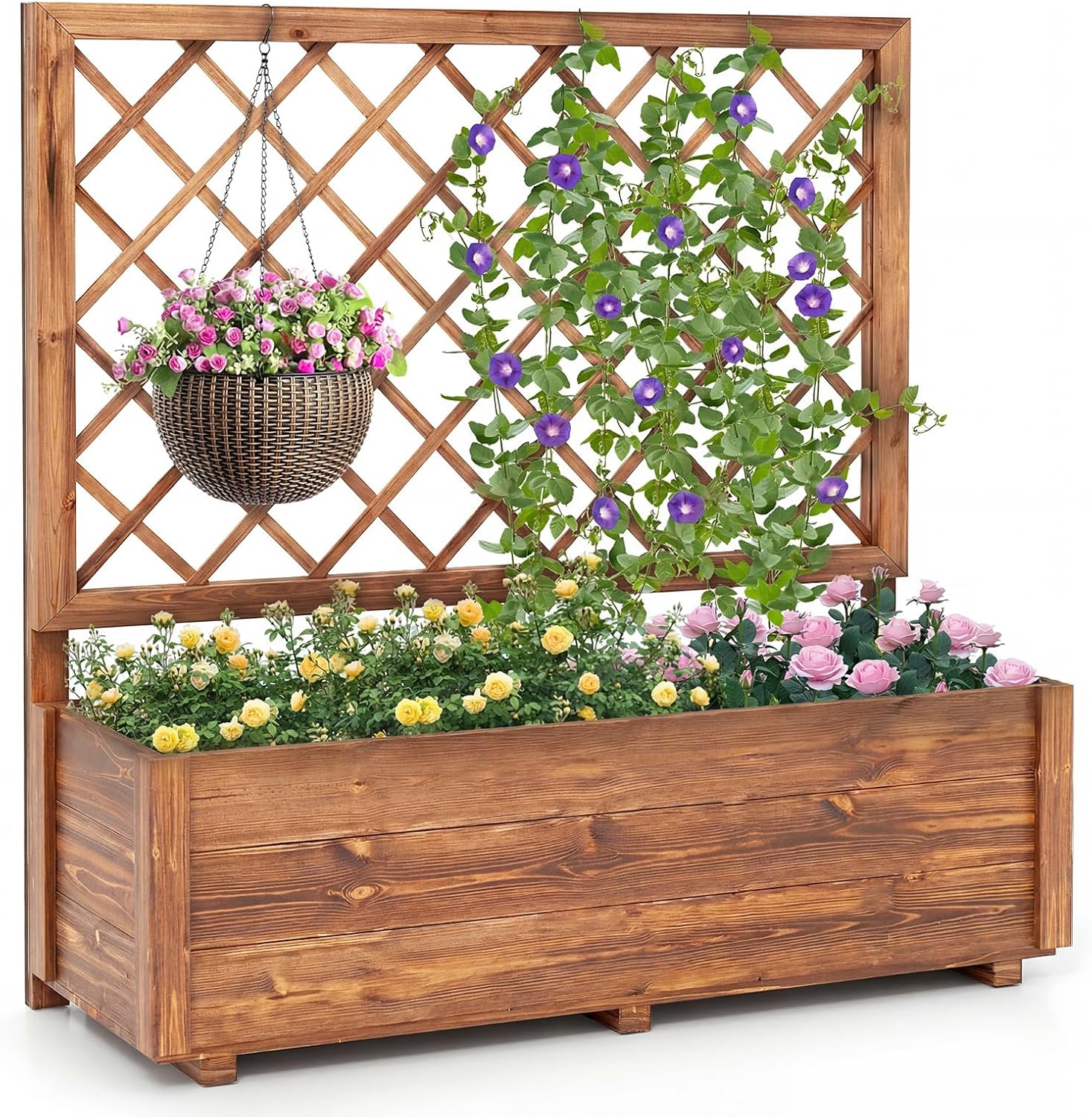 Giantex Raised Garden Bed with Trellis, 39”x14”x40” Wood Elevated Planter Box w/Drainage Hole for Climbing Vine Flower Herb Vegetable Fruit, Planting Container for Indoor Outdoor Patio Balcony