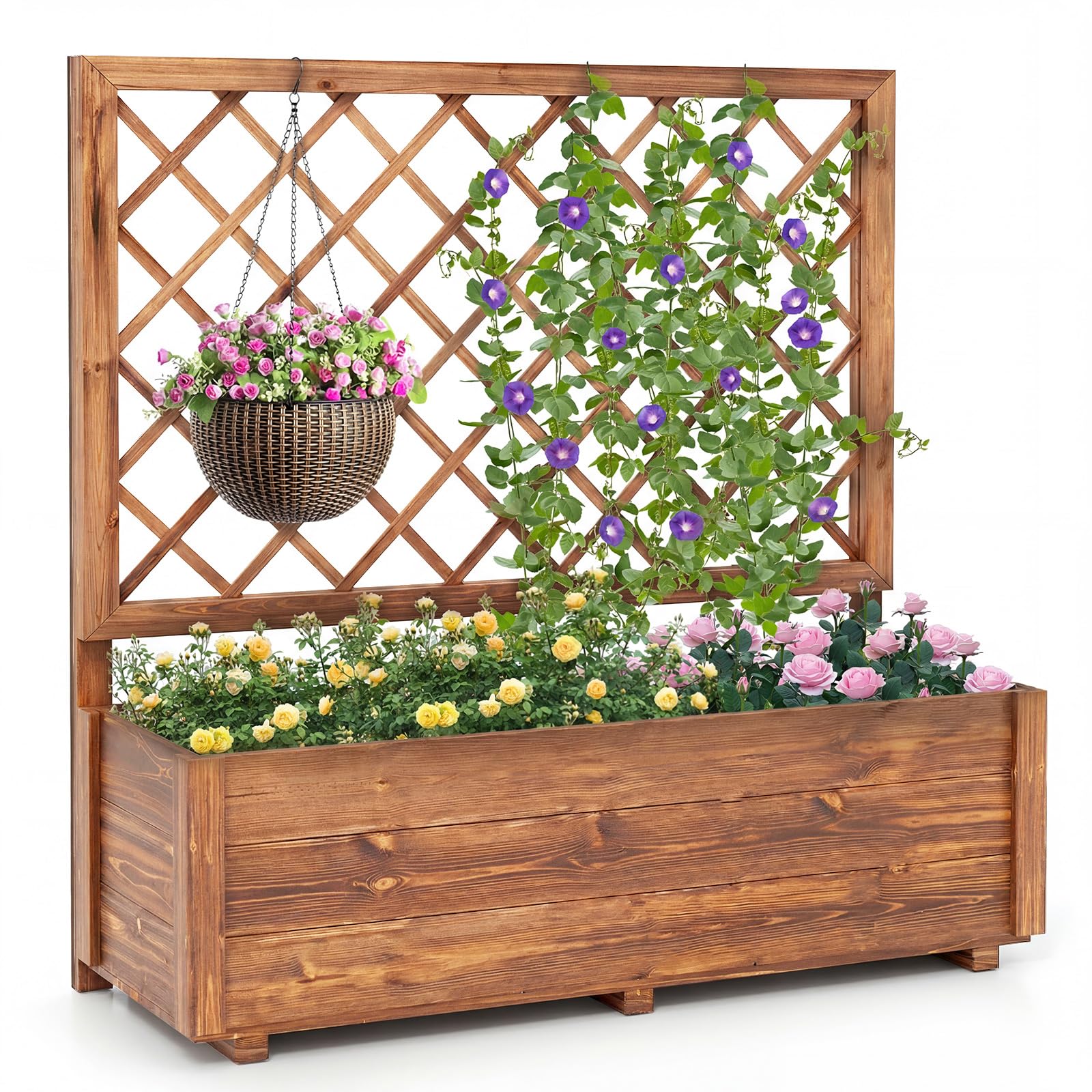 COSTWAY Fioriera Rialzata con Traliccio | Letto Rialzato da Giardino in Legno con Grigliato e Fori di Drenaggio, per Piante Rampicanti da Interno ed Esterno